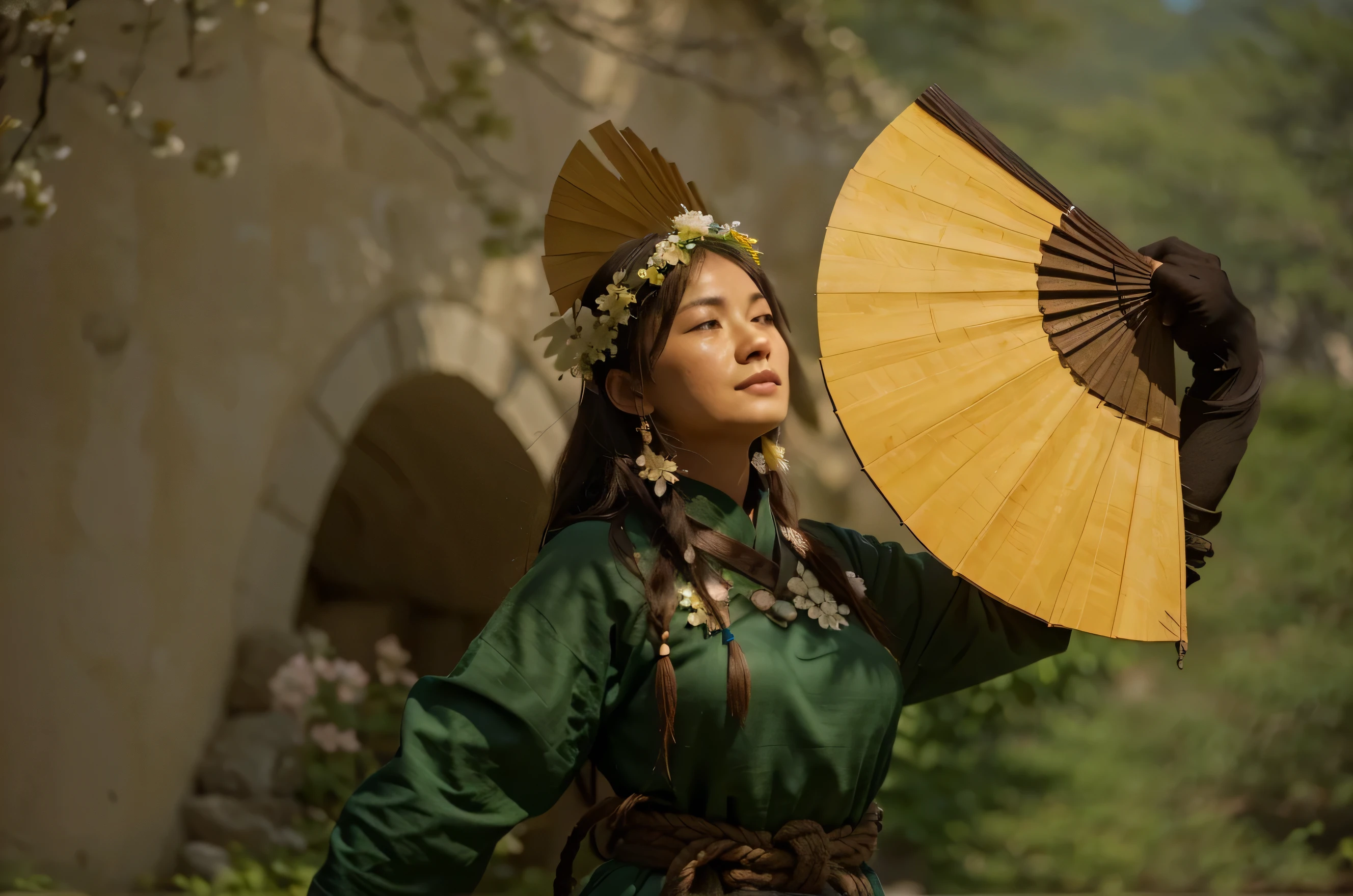 Tambourine player with tied hair, dress that covers all skin,  long green and holding his tambourine as realistically as possible and that he is dancing 