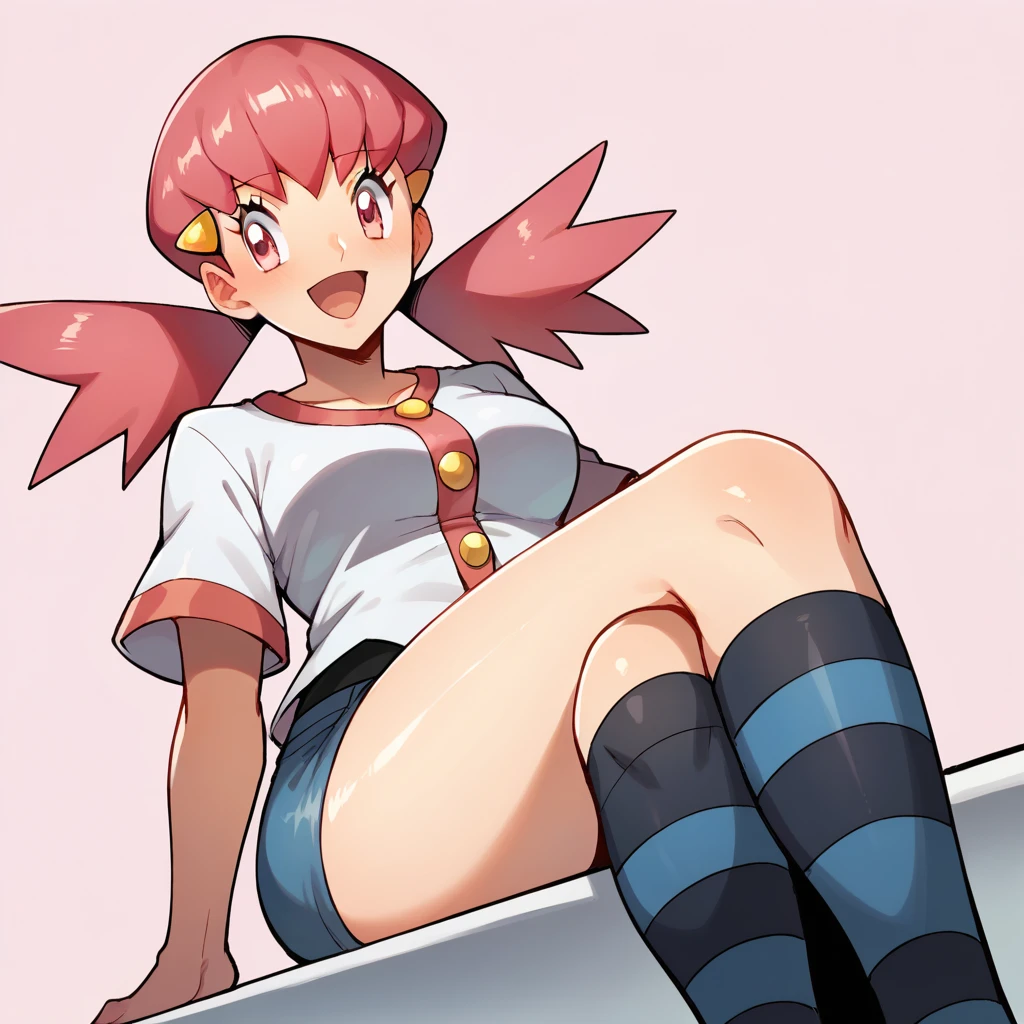 score_9, score_8_up, score_7_up, defwhitney, whitney \(pokemon\), 1girl, arm support, blush, smile, open mouth, breasts, buttons, 3 bottons, crossed legs, eyelashes, hair ornament, hairclip, jacket, long hair, pink eyes, pink hair, short skirt, short sleeves, skirt, denim skirt, sitting, socks, solo, striped clothes, tight skirt, striped socks, twintails, white jacket, tick thighs, oiled thighs, shiny skin, pink background, underwear, white underwear, panties, white panties, perfect crossed legs, perfect legs, perfect thighs, perfect stripes, From Below, Dutch Angle, big thighs, golden beige skin, no shoes, Anime, proportionate legs, moderate lenght, relaxed pose, defined thighs, natural knees, curvy legs, rounded thighs, crossed legs,