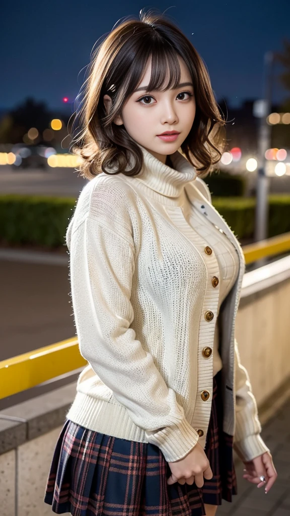 masterpiece,  super high definition, 4K, Best Quality, 1 person, ((whole body)),  beautiful and elaborate face,  beautiful skin with fine texture,  skin texture, high school student, Sparkle in your eyes, Dynamic pose, Curly Hair, Gal Makeup, Lob Cut, sweater,  plaid skirt, Night cityscape,  muffler , Gold Mesh Hair, illumination, down jacket