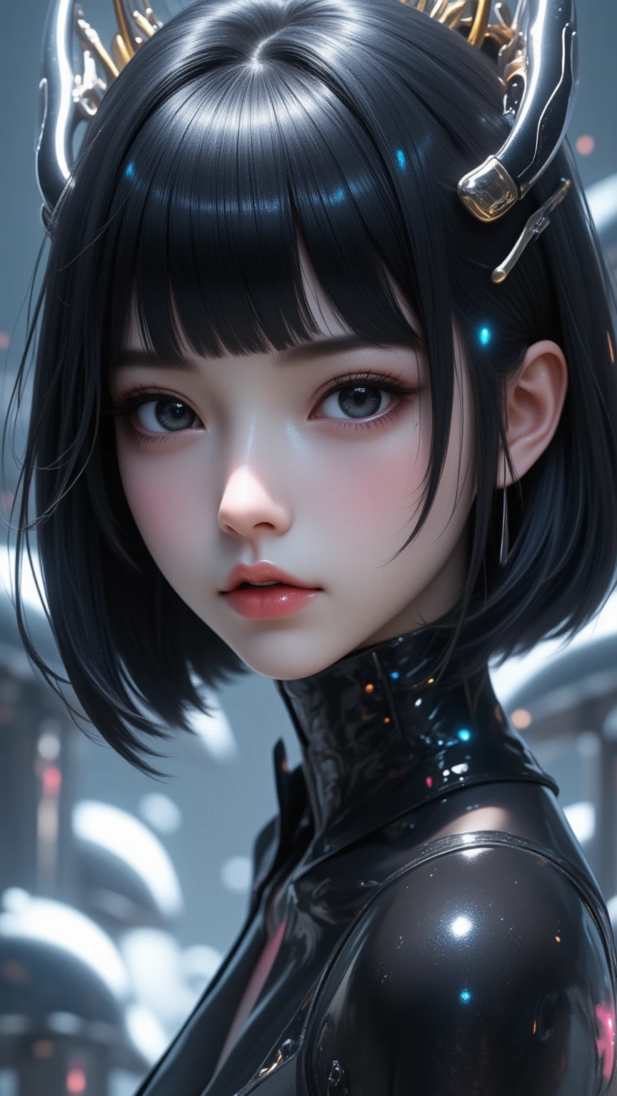 ((best quality)), ((masterpiece)), (detailed), perfect face of cyberpunk mecha japanese girl, young, pure, pale, face blush, shiny black eyes, shiny black body, shiny black hair, ((monochromatic black color palette)), surreal, art nouveau, in the illustrative style of moebius, spaceships, aliens, fantasy, sci-fi, graphic novel, line drawing, french retro, bizarre, gallery worthy, work of uncanny art, goth_punk, Harajuku, bokeh dof, Neon light, Iridescent eyes, Black shimmering hair, Black eyebrows, Radiant hair, blunt bangs, Red Eyes, hair adornments, Look at viewers, shorth hair, portraitures, side locks
