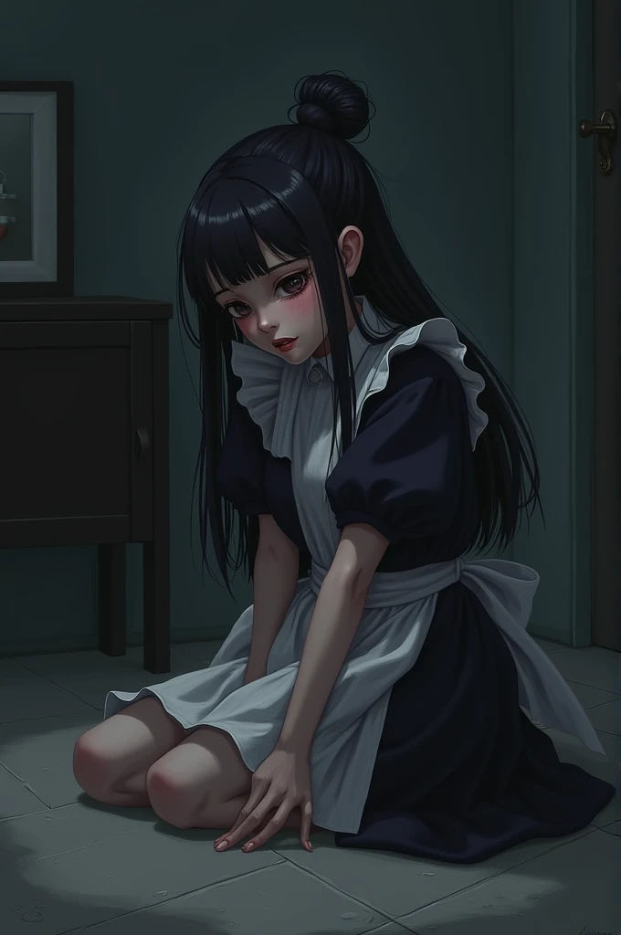 In a quaint Victorian living room, a 1 girl kneels on the floor. She wears an old, soft dress, tattered and worn from years of use. The room is small but meticulously clean, reflecting a modest life. Her long, dark wavy hair is braided into two sections, though some strands have come loose, adding to her forlorn appearance. Her eyes are tearful, and her expression is one of deep sadness. Her ears are red and swollen from the harsh punishment inflicted by her stepmother. Her legs bear visible caning marks, hinting at the cruel treatment she has endured. Despite her beauty, the girl looks profoundly distressed, her sorrow palpable in the dim light of the room.