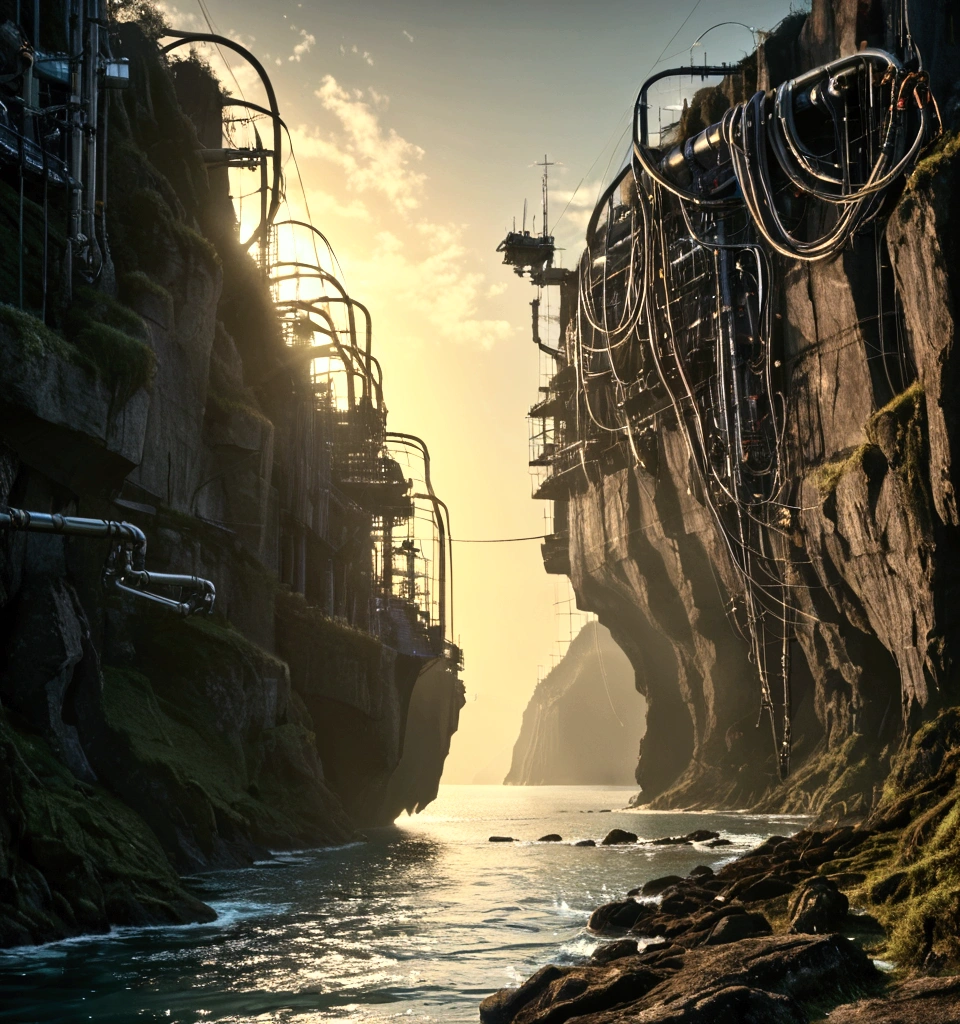 there is a man standing on a large ship in the middle of a river, scenic dystopian environment, matte painting of steam machines, arte conceitual altamente realista, fantastic screenshot art, Paul Lehr e Beeple, 8 k arte conceitual de alto detalhe, dystopian alien landscape, arte conceitual digital de alta qualidade, dystopian landscape, Arte digital altamente detalhada em 4k, arte conceitual altamente detalhada