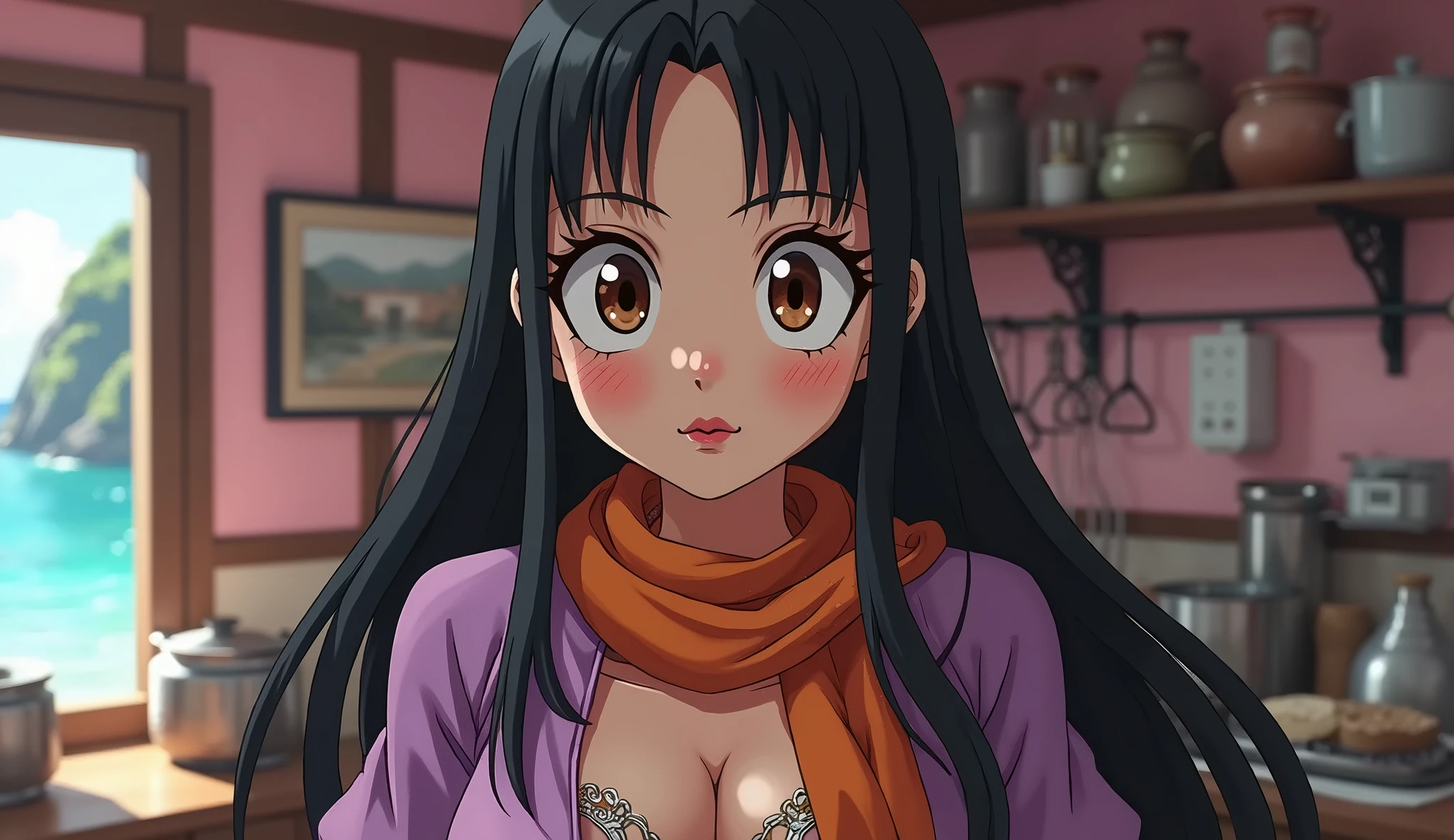 <lora:EdensZero_KurenaiKogetsu_Ms:0.7>,ponytail,darkblue hair, bangs, lipstick, portrait, smile,wearing sweating,background is living room.