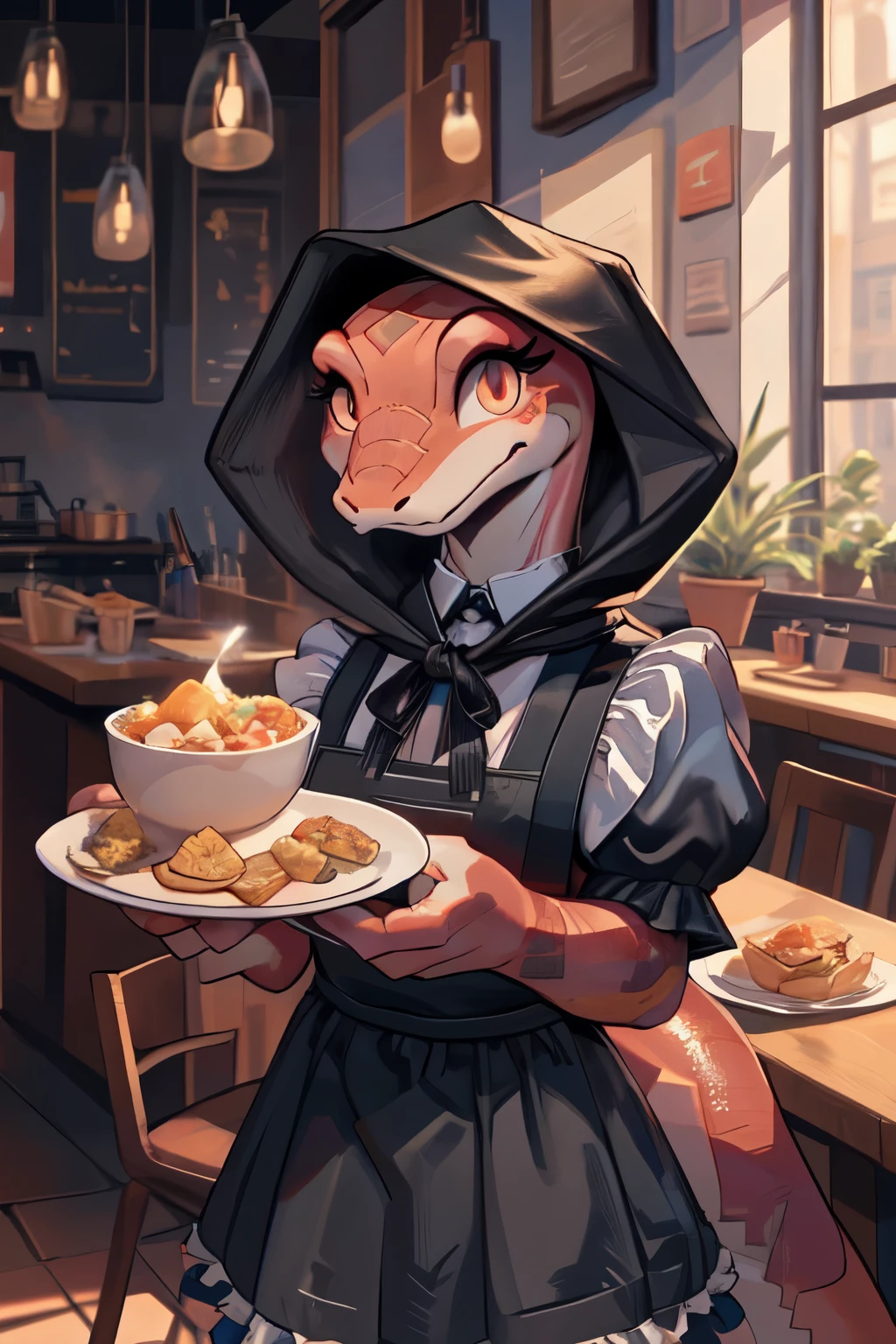 zorayas, female, detailed scales, cute, embarrassed, masterpiece, in a cafe, ((wearing a black maid outfit)), skirt, looking at viewer, happy smile, sfw, snake tail,looking at the viewer,detailed eyes, detailed pupils,one tail,snake hoodie,hood-snake,cobra,hood on,detailed food,