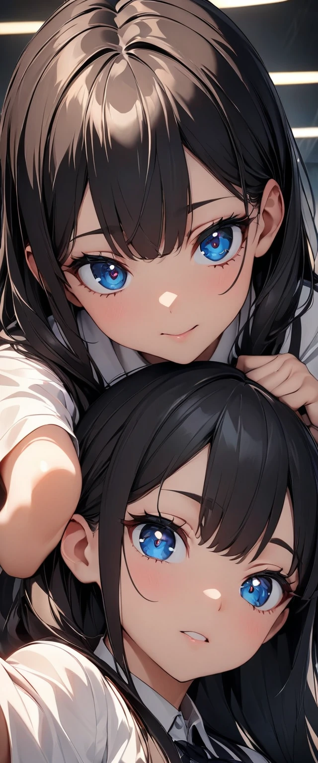 Masterpiece, High Resolution, High Definition CG Unity 8K,Realistic, RAW Photo, Beautifully Detailed Face, Detailed Hair Texture, Beautiful Face, Anatomically Correct,
slender, flat chest, dark hair, (very short hair), forehead, (flowing bangs), (sly eyes),
(solid white t-shirt),
room,
(nose blush),(displeased),(grin),
wariza,selfie,
(from above),
