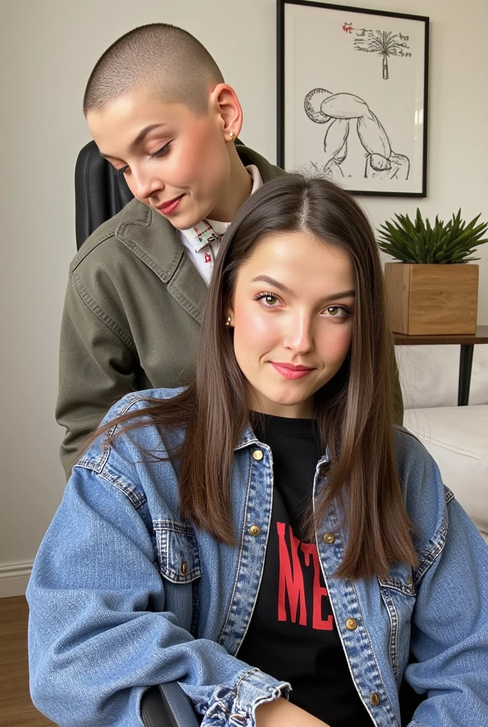 2 sisters, one sister's head is shaved clean bald her head is pale and is using hair clippers to shave the head of the other sister. the other sister has half a head of very long hair the other half is shaved bald.