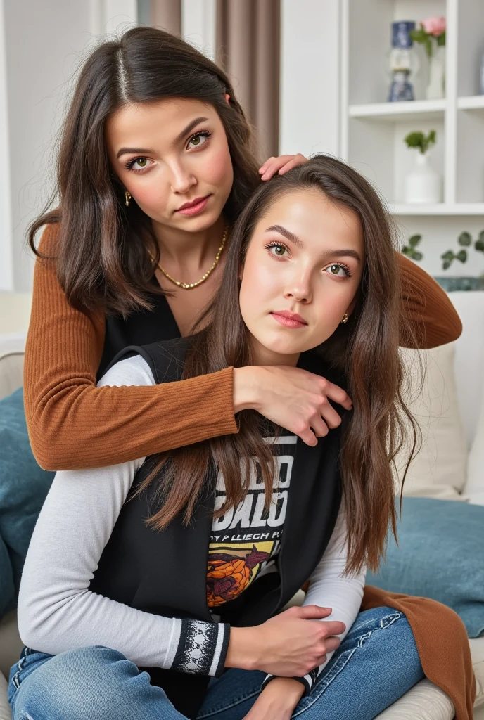 2 sisters, one sister's head is shaved clean bald her head is pale and is using hair clippers to shave the head of the other sister. the other sister has half a head of very long hair the other half is shaved bald.