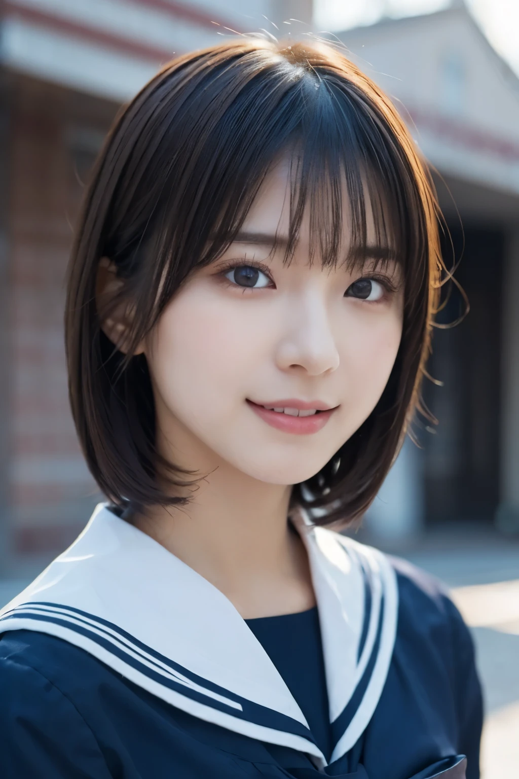 One Girl, ( sailor uniform in front of the school building:1.2),  Japanese high school girl, (RAW Photos,  best quality), (Realistic,  photorealistic:1.4), masterpiece,  extremely delicate and beautiful,  very detailed, 2k wallpaper, wonderful,  Detailed ,   very detailedCGユニティ8K壁紙, Super detailed,  High Resolution , Soft light,   beautiful girl with attention to detail  ,   very detailed目と顔, beautiful detailed nose,  beautiful detailed eyes,  short hair, 
bangs, Elegant rounded bob , Cinema Lighting, I'm wearing a ,  Perfect Anatomy, Slender body, smile