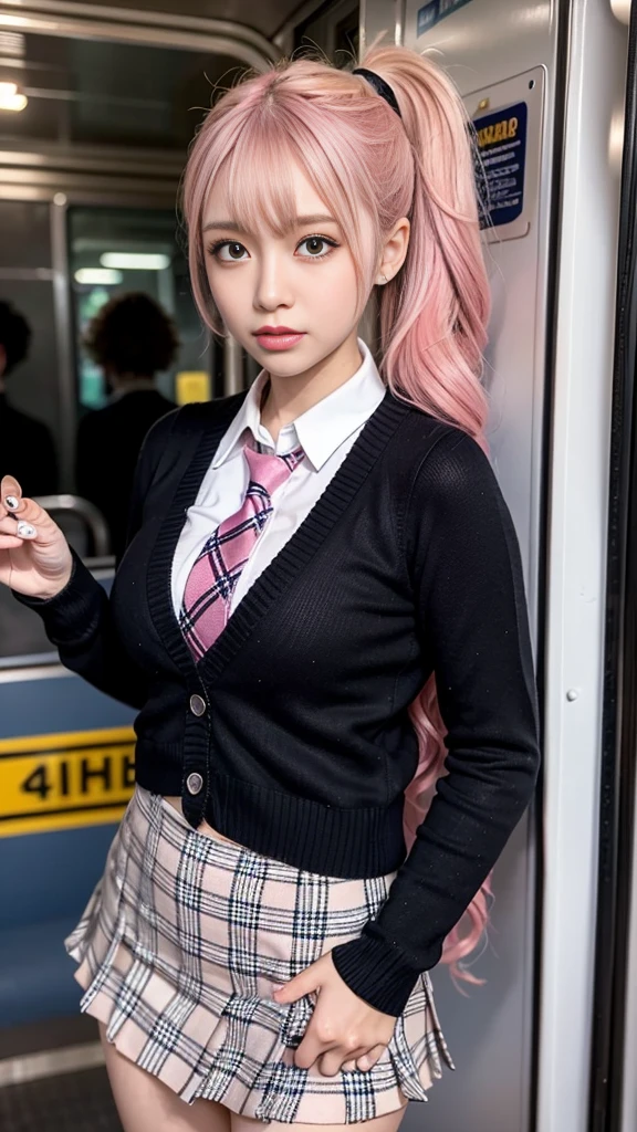 masterpiece,  super high definition, 4K, Best Quality, 1 person, ((whole body)),  beautiful and elaborate face,  beautiful skin with fine texture,  skin texture, high school student, Sparkle in your eyes, Dynamic pose, Curly Hair, Gal Makeup,  ponytail, plaid and miniskirt,  black sweater, tie,  jacket,Inside the train at night,  muffler , Pink Mesh Hair