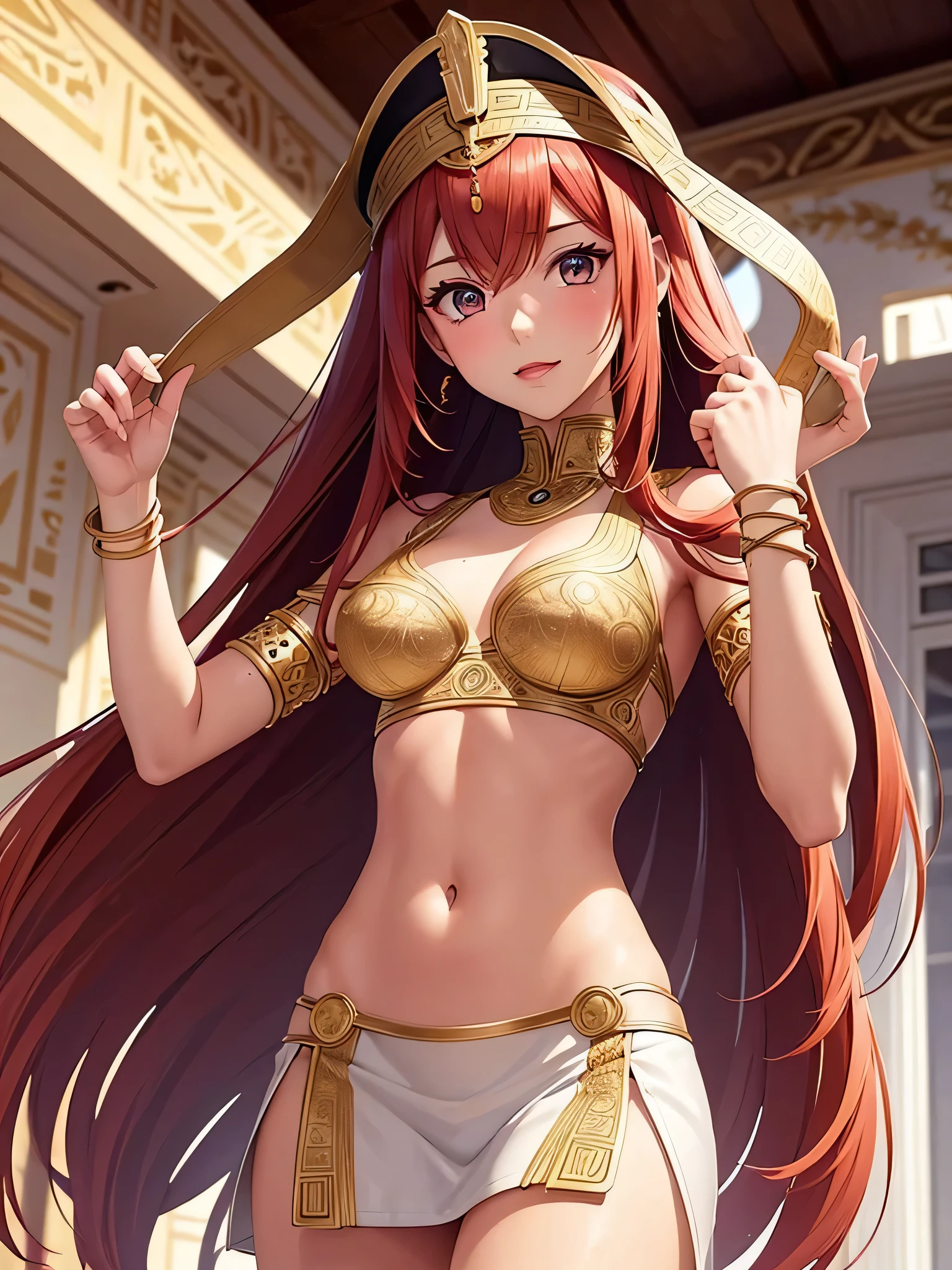 image of a red-haired girl with tanned white skin, 18 years old, belonging to ancient Egypt, walking along the banks of the Nile River, her body with scientifically attractive measurements and a symmetrical face, light clothing due to the heat, anime mappa style with detailed and intricate realistic elements frontal, very sexy and seductive,((All intricate details), 1 girl view)