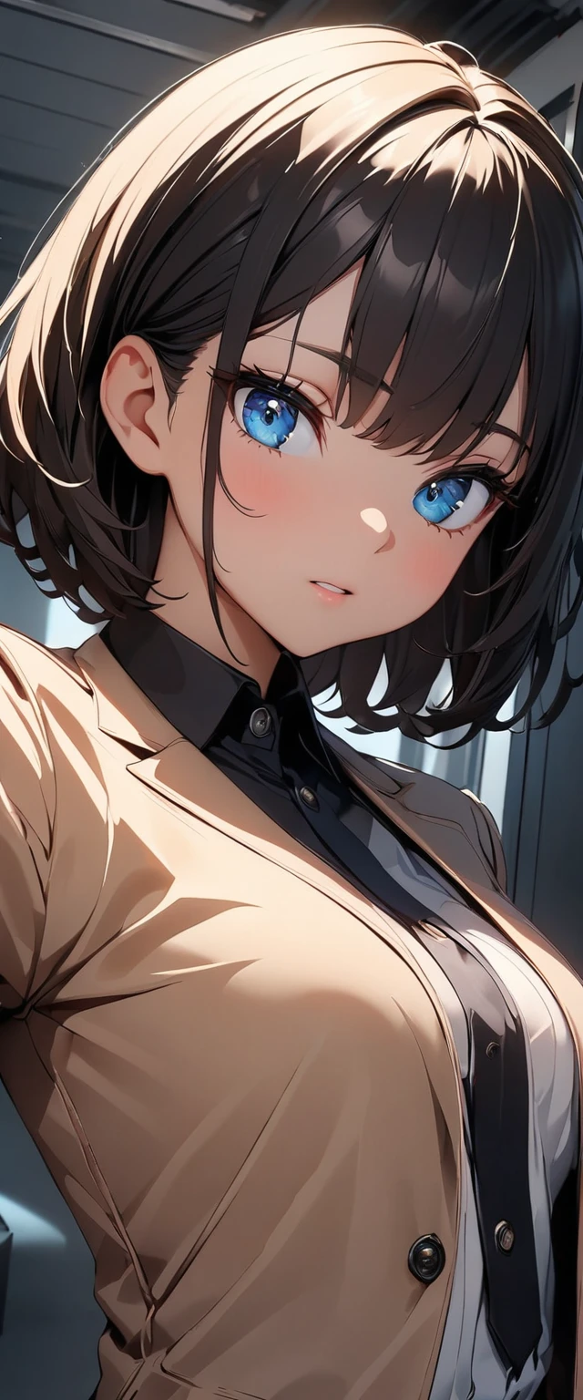 (high quality, 8k, 4K, High Contrast, masterpiece:1.2, 最high quality, Best aesthetics), 1 female, (Realistic skin texture:1.3), (Film Grain:1.3), (Selfie angle, High Angle), Wearing a blazer over her big boobs,  (Chest highlights), One Girl, Beautiful and detailed eyes and face, 最high quality, close, Upper Body,