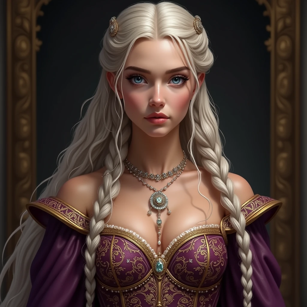 Frontal artistic portrait of Daria Lefler with traditional Russian ornamentation with very intricate and hyper-realistic details, blonde hair and blue eyes. On her head is a large metallic red Kokoshnik of circular shape. She has to be seen with leadership expression as a powerful Russian queen. Dimly lit environment with soft spot light focused on the face, photographic style by Eric Burkhanaev, highly detailed image, dramatic photographic studio lighting, Russian mystical environment, cinematic fantasy, close-up, Russian Queen with long platinum blonde windblown hair and golden eagle wings and red lipstick, vibrant high contrast, hyper realistic, background should be red gradient to brownish orange, everything has to be very detailed and hyper realistic, dramatic lighting, High quality, UHD, strong reflections, one point lighting from the right vibrant volumetric bear color, Luminous Studio graphics engine, magenta, purple blue, cyan, octane render