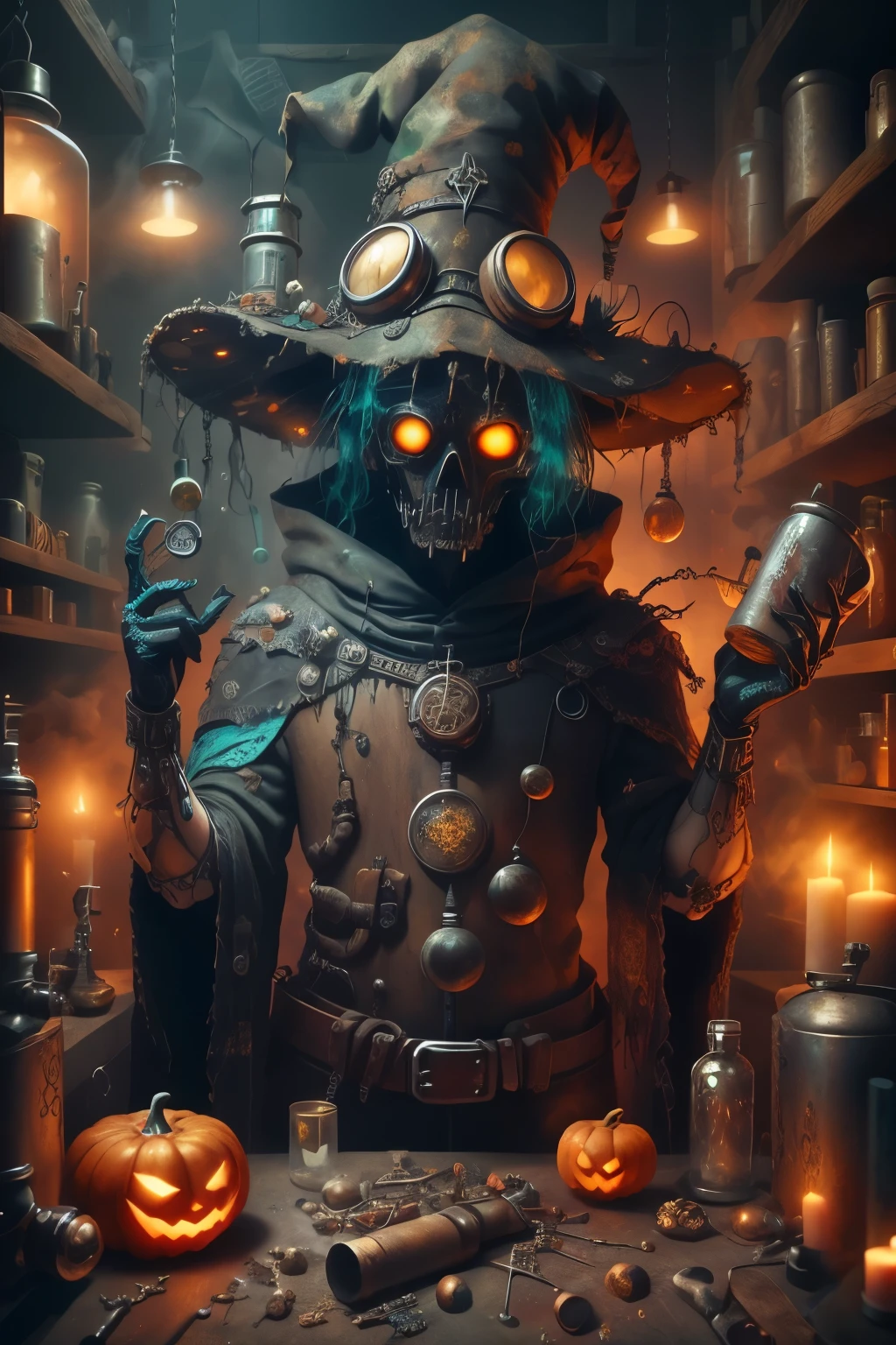 RAW Photo of HalloweenGlowStyle Turquoise  looking at viewer, solo, (full body:0.6), detailed background, detailed face, (cogpunkai, cogpunk theme:1.1), medieval alchemist, goggles, workshop in background, alchemical implements, metal container,  tubes, vials, beakers,  gunpowder, fumes, philosophers stone,      magical fantasy atmosphere,  , (Masterpiece:1.3) (best quality:1.2) (high quality:1.1)