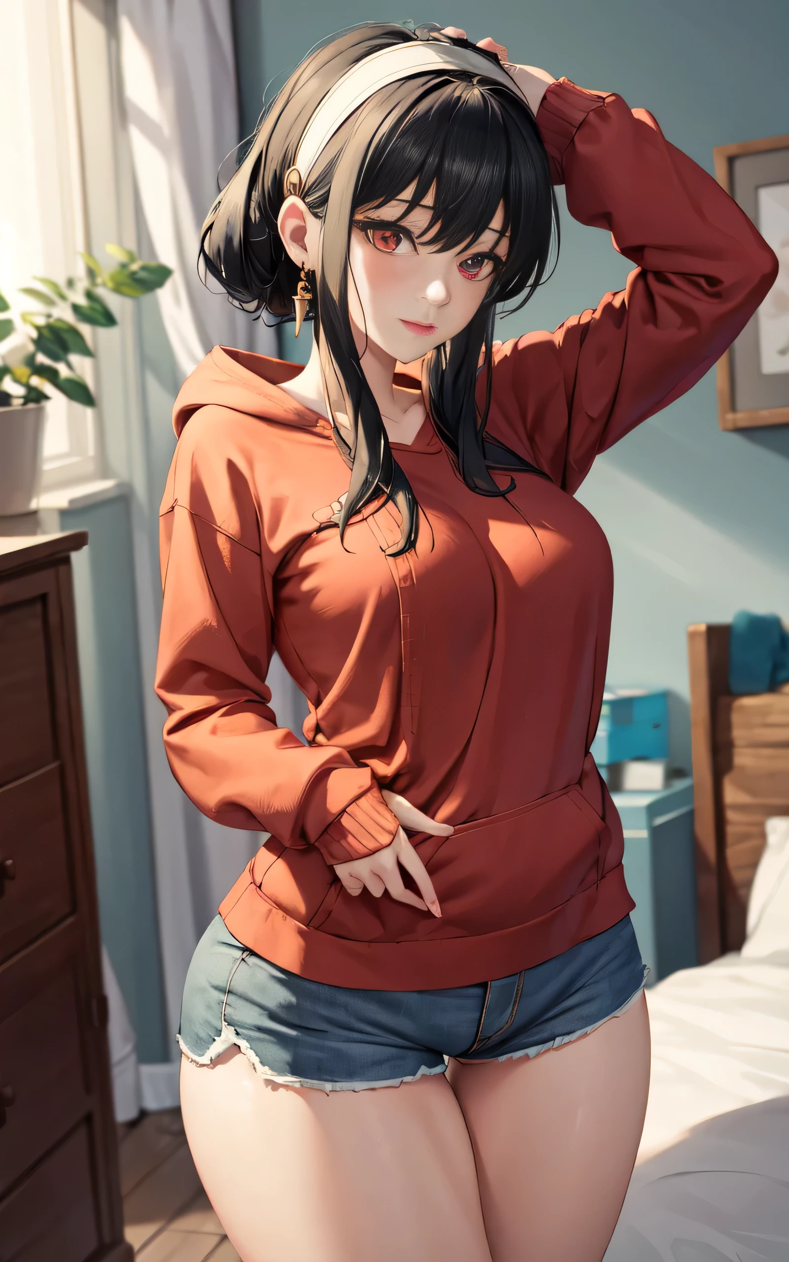 yor forger yor briar,spyxfamily, madsterpiece), oversized hoodie, baggy hoodie, thick heavy hoodie, dolfine shorts, booty shorts, short shorts, white headband, gold earrings, natural makeup, staring at viewer, sStanding in bedroom, neck, slight smile, thigh gap, hand on back of head, mature woman, milf, black hair, 1girl,solo, thick thighs, large hips, long sleeve, facing viewer, hands on thighs leaning forward, medium breasts, camel toe, looking down pov, top down pov