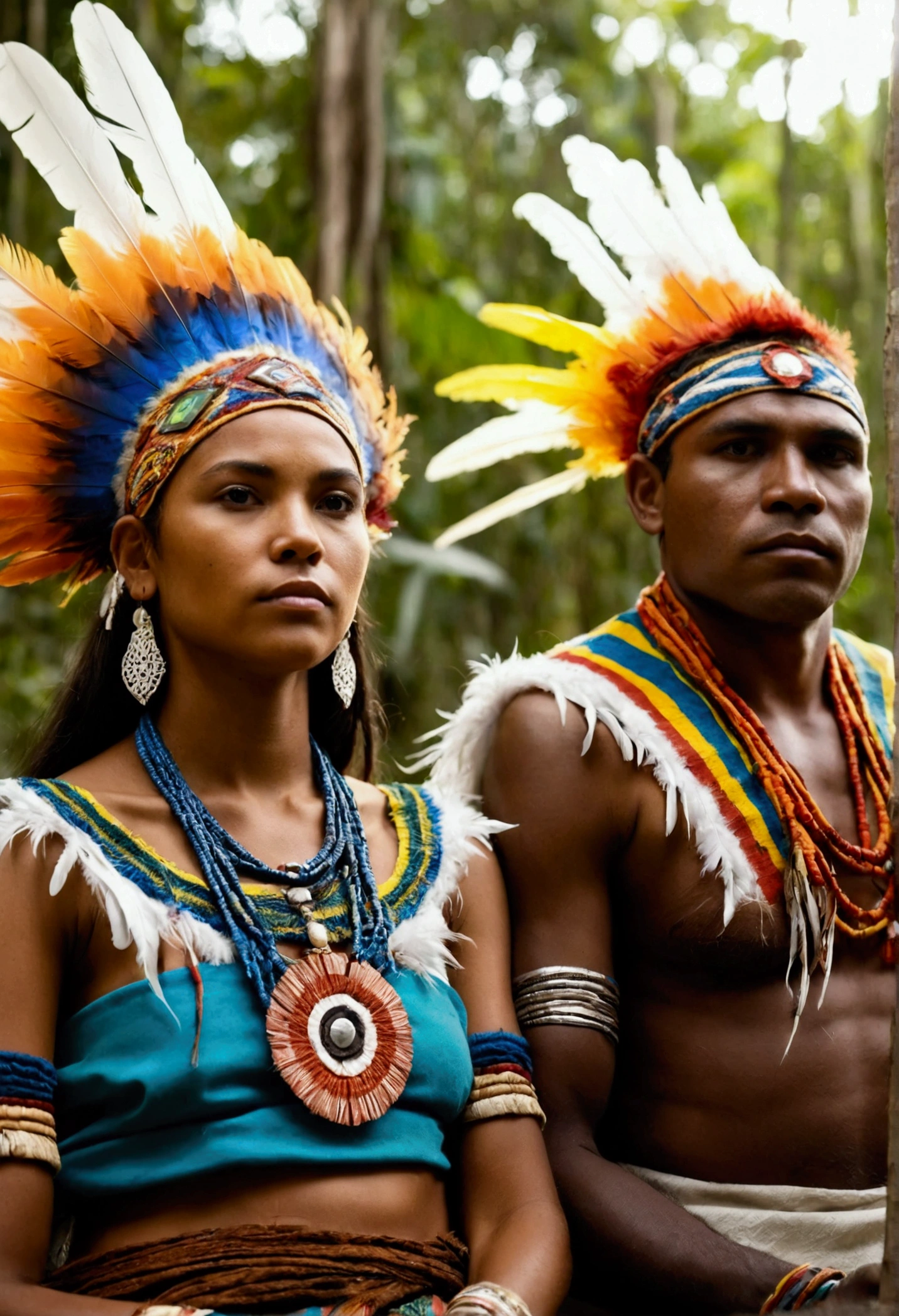SFW. ((RAW photo, Best quality)), (Realistic, photo-realistic:1.2). A beautiful indigenous girl in native dress with feathers and feathers on her HEAD, Blue and red green macaw FEATHERS, jaguar on right. amazon indian peoples in brazil, beautiful young female brazilian Native girl, Hot body, body in good shape, very detailed face, Yanomami Indian in typical costumes,High quality. Amazonia forest Background. Cinematic lighting.