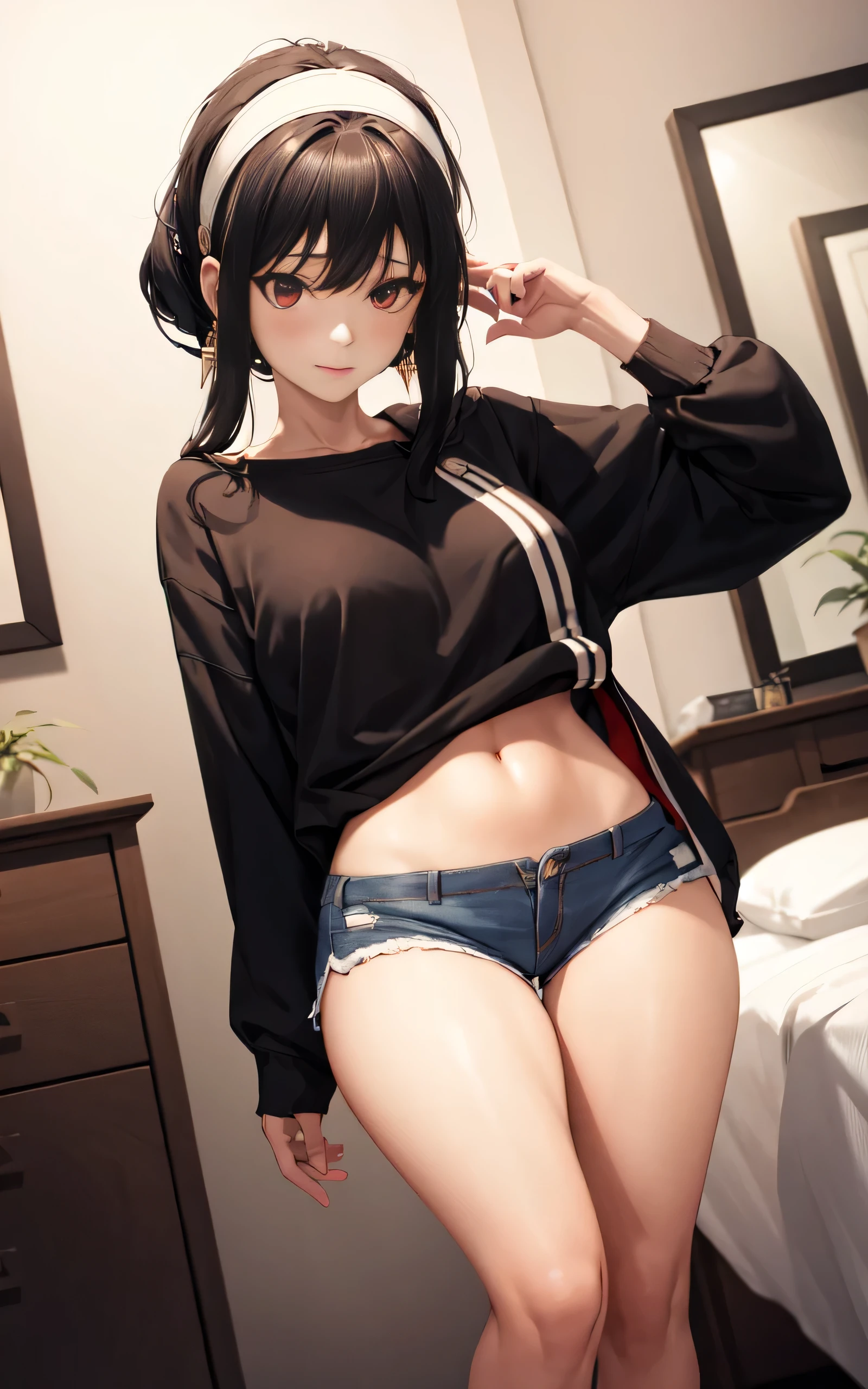 yor forger yor briar,spyxfamily, madsterpiece), oversized hoodie, baggy hoodie, thick heavy hoodie, dolfine shorts, booty shorts, short shorts, white headband, gold earrings, natural makeup, staring at viewer, sStanding in bedroom, neck, slight smile, thigh gap, hand on back of head, mature woman, milf, black hair, 1girl,solo, thick thighs, large hips, long sleeve, facing viewer, hands on thighs leaning forward, medium breasts, camel toe, looking down pov, top down pov