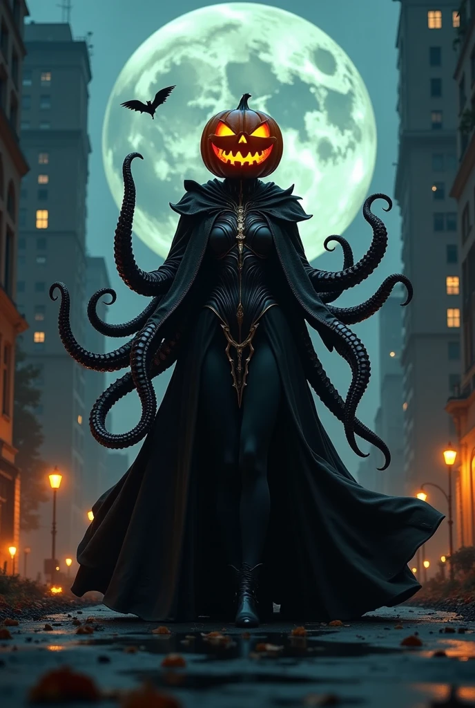 a multi layer photorealistic images of dark city scrapers in the dark moon, an image of terrifying gigantic Octopus with Jack o'lantern head and a stunning witch in long black cloak flowing floating in the  the air