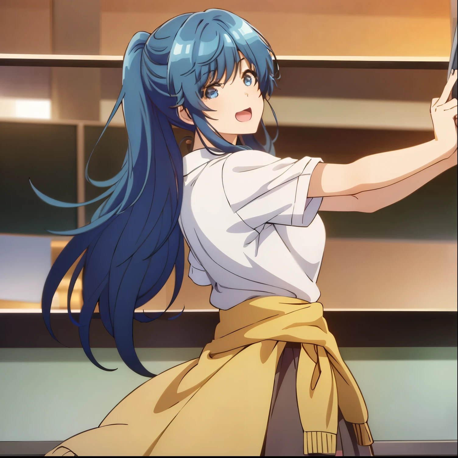 1 girl,alone,minami,mi,best quality,(masterpiece:1.2),detailed,open mouth,smile,blue hair,blue eyes,long hair,ponytail,white shirt,short sleeves,neckline,pleated skirt, short skirt, light yellow sweater around waist, standing, pointing at viewer, looking at viewer, looking back, from behind, pov(from below), indoor, classroom, sunset, medium breasts, medium waist, wide hips, medium thighs, round butt, perfect anatomy, perfect hands