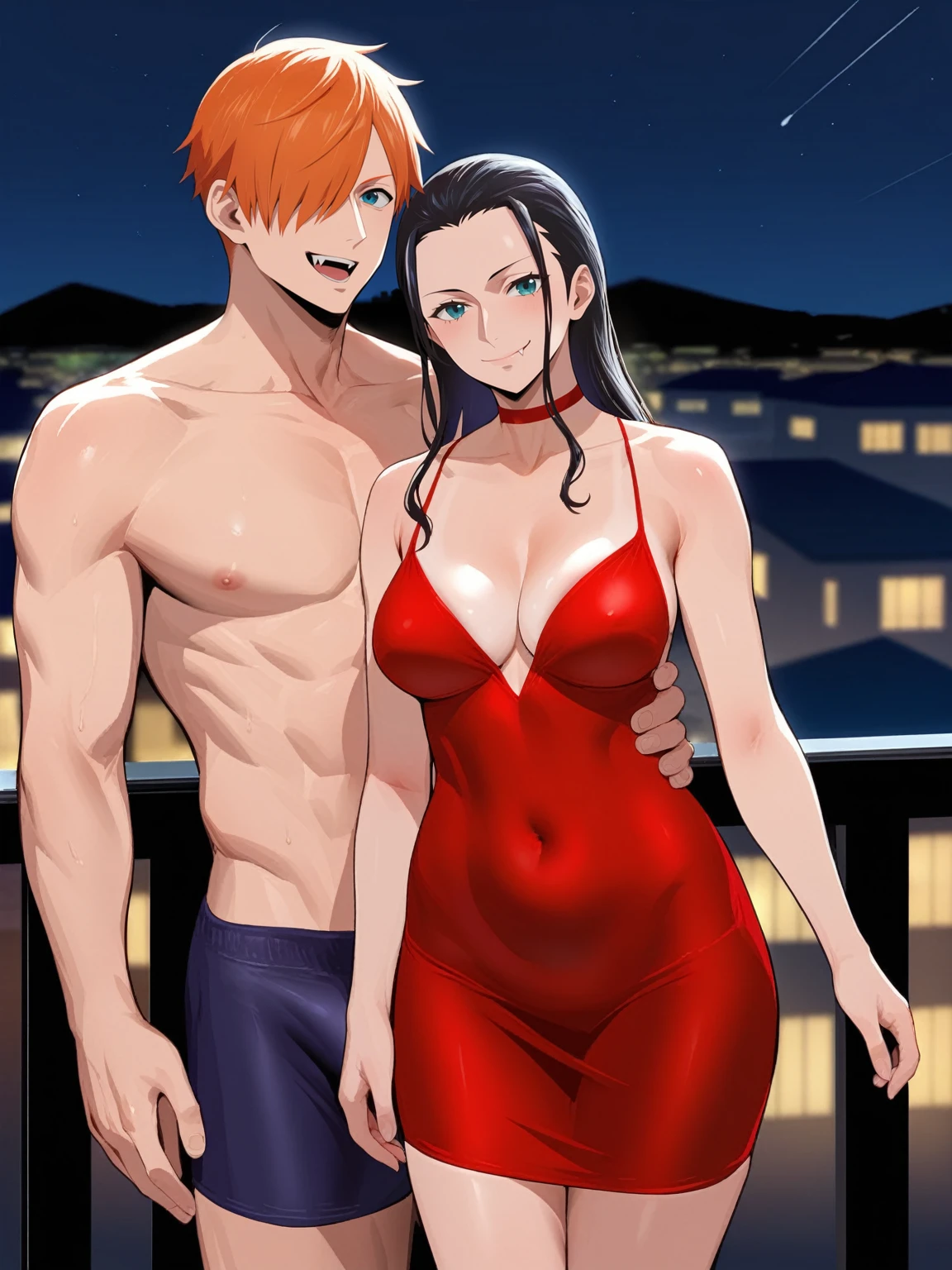 score_9, score_8_up, source_anime, standing, hijabi, indoors, night, night sky, nighttime, hijab, smirk, fangs, ikuchan, balcony, town background, male wearing shorts, muscular male, ((muscular femalw)), dark skinned male, muslim female, interracial, medium breasts, boyfriend, couple, looking at viewer, faceless male, light skinned male, cuckold pov, ntr, netorare, standing side by side, standing, cuckolding, cuck, 1girl, 1boy, smug, humiliation, ((faceless male)), ((size difference)), tall male, ((worship)), ((light skinned male))), gown, dress, abs, navel, short dress, red dress, furry, tiger, anthro on human, tiger girl, chubby, bbw, male head out of frame, ((size difference)), , ((large male)), black haired male, solo focus, choker, solo focus
