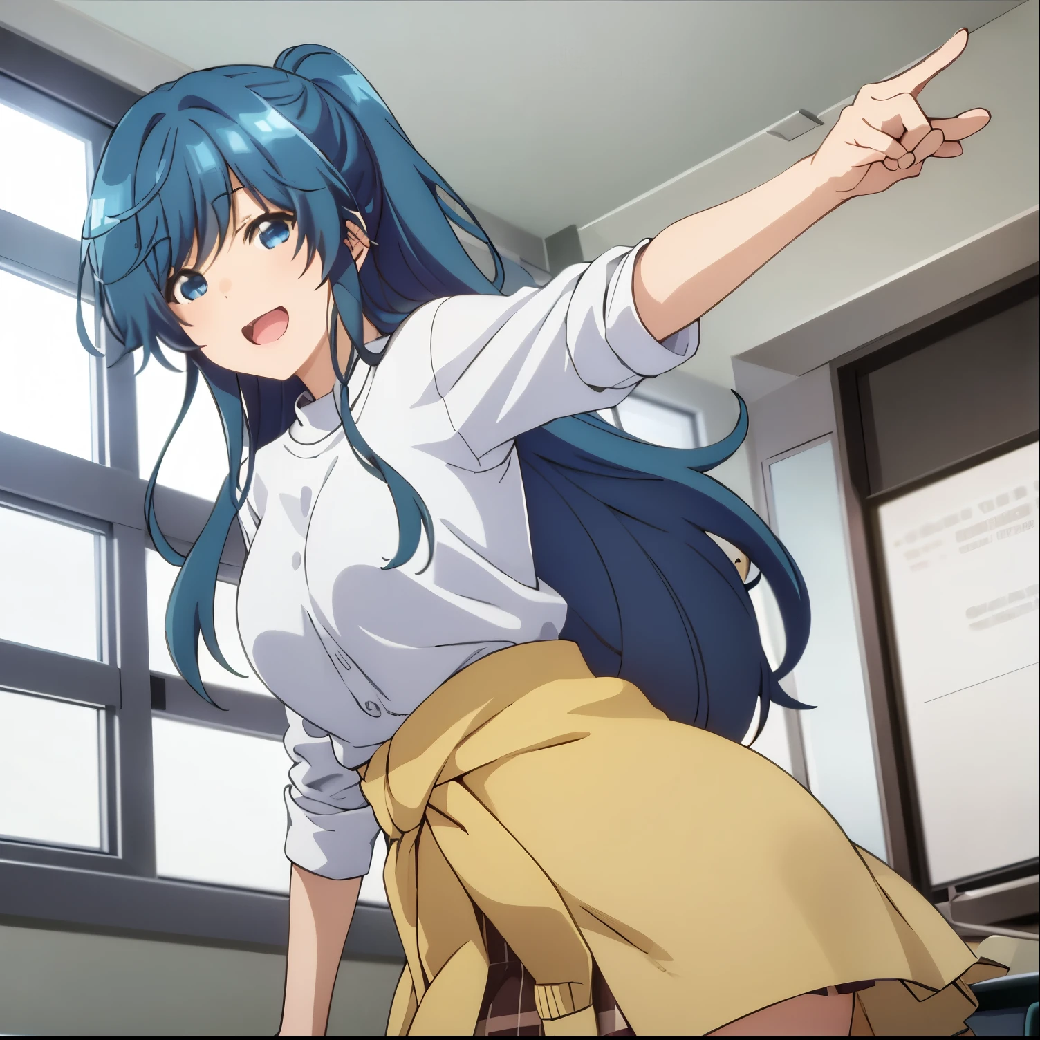 1 girl,alone,minami,mi,best quality,(masterpiece:1.2),detailed,open mouth,smile,blue hair,blue eyes,long hair,ponytail,white shirt,short sleeves,neckline,pleated skirt, short skirt, light yellow sweater around waist, standing, pointing at viewer, looking at viewer, looking back, from behind, pov(from below), indoor, classroom, sunset, medium breasts, medium waist, wide hips, medium thighs, round butt, perfect anatomy, perfect hands