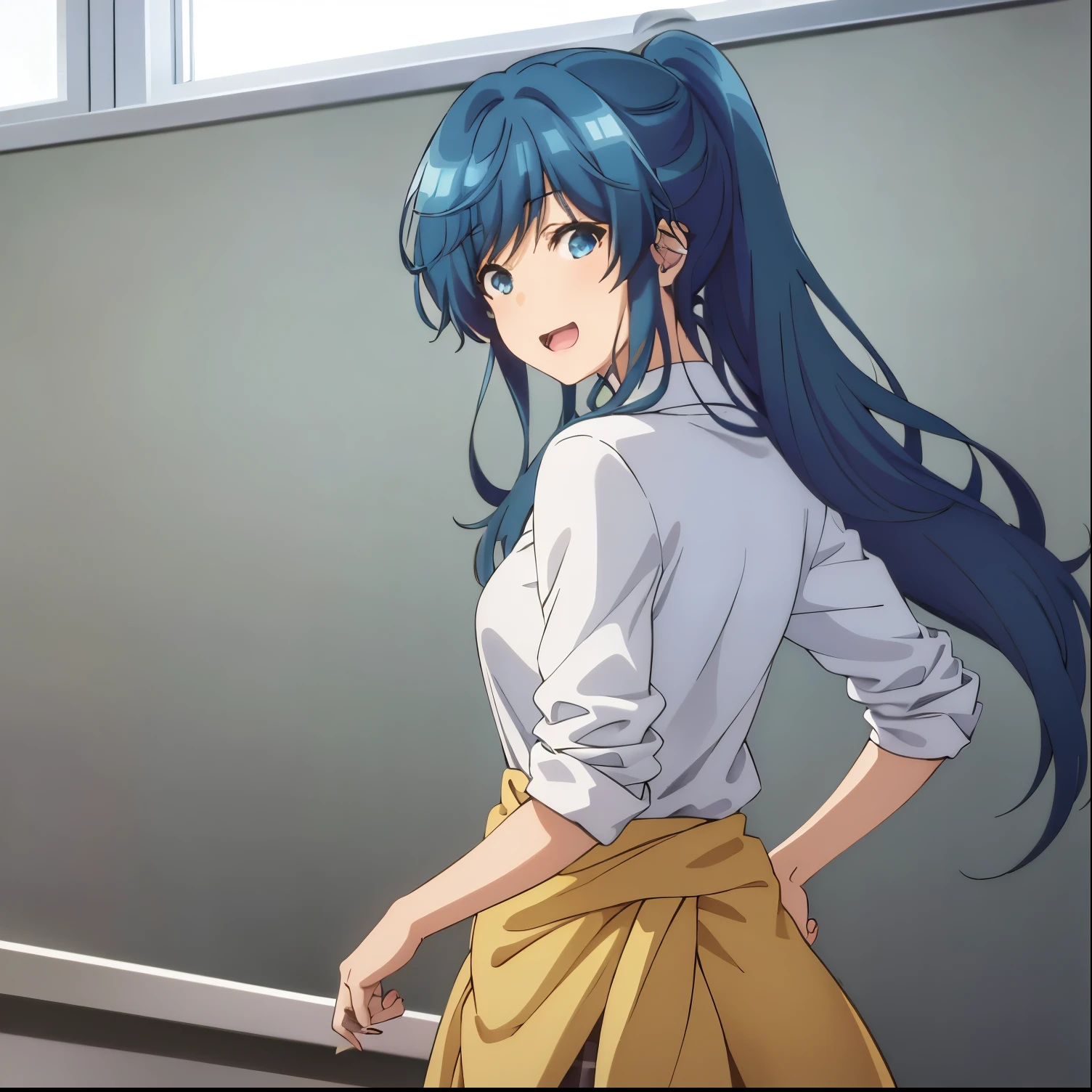 1 girl,alone,minami,mi,best quality,(masterpiece:1.2),detailed,open mouth,smile,blue hair,blue eyes,long hair,ponytail,white shirt,short sleeves,neckline,pleated skirt, short skirt, light yellow sweater around waist, standing, pointing at viewer, looking at viewer, looking back, from behind, pov(from below), indoor, classroom, sunset, medium breasts, medium waist, wide hips, medium thighs, round butt, perfect anatomy, perfect hands