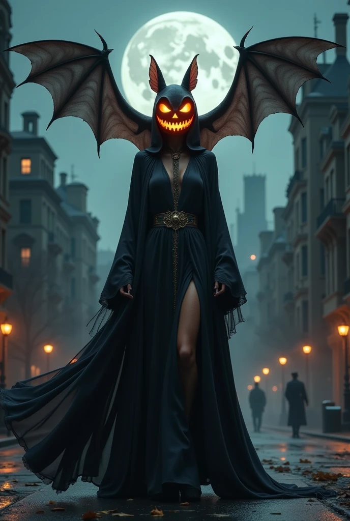 a multi layer photorealistic images of dark city scrapers in the dark moon, an image of terrifying gigantic Bat with Jack o'lantern head and a stunning witch in long black cloak flowing floating in the  the air