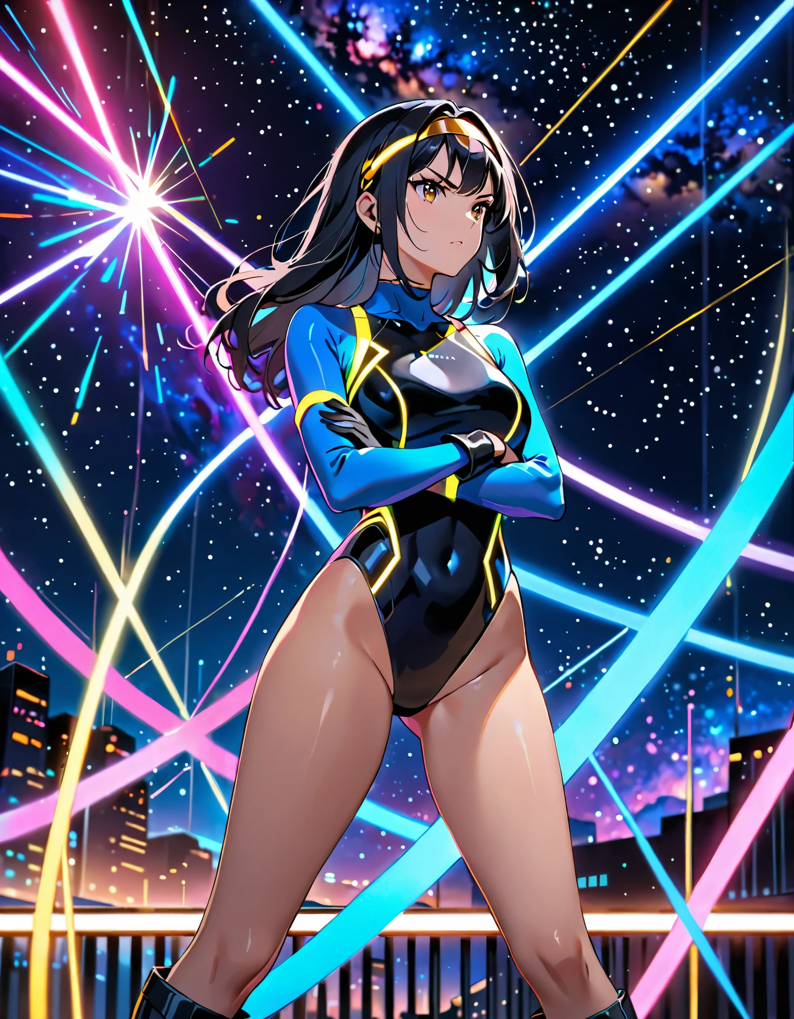 masterpiece, best quality, high res, long black hair woman, golden headband, night, neon, galaxy background, diffraction spikes, neon lights, blue bodysuit, black leotard, midriff, black gloves, black boots, (bare legs:1.2), serious expression, looking away, crossed arms, 8k