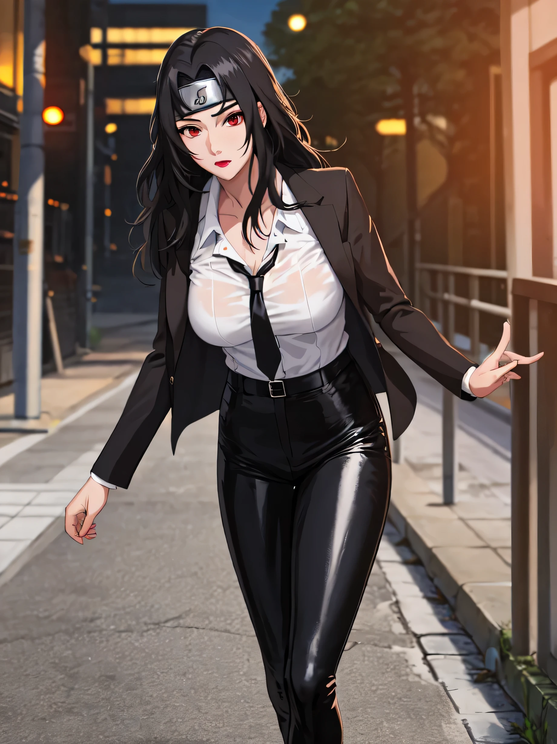 outdoors, lens flare, depth of field, bokeh, vanishing point, solo, looking at viewer,((masterpiece, best quality)), BREAK 
1girl, black hair, forehead protector, long hair, konohagakure symbol, red eyes, headband, makeup, lipstick,buisness suit, black leather pants, white shirt, black necktie, black leather blazer, black leather vestHigh Resolution, Accurate, 