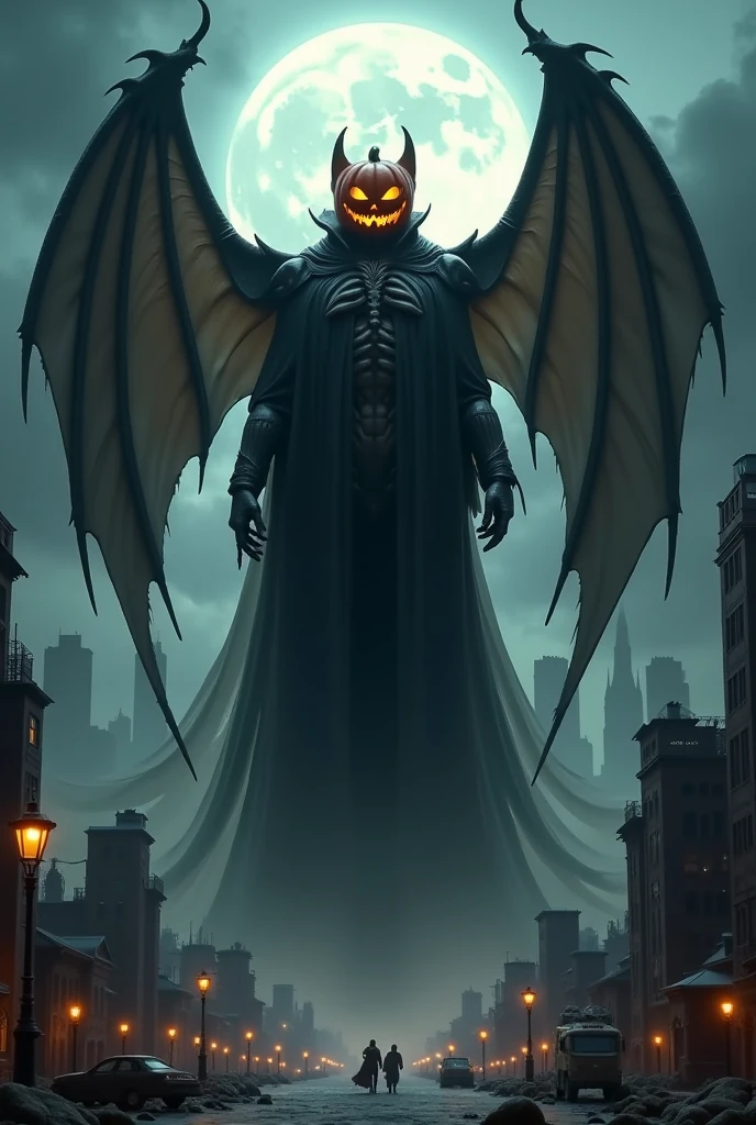 a multi layer photorealistic images of dark city scrapers in the dark moon, an image of terrifying gigantic Bat with Jack o'lantern head  in long black cloak flowing floating in the  the air