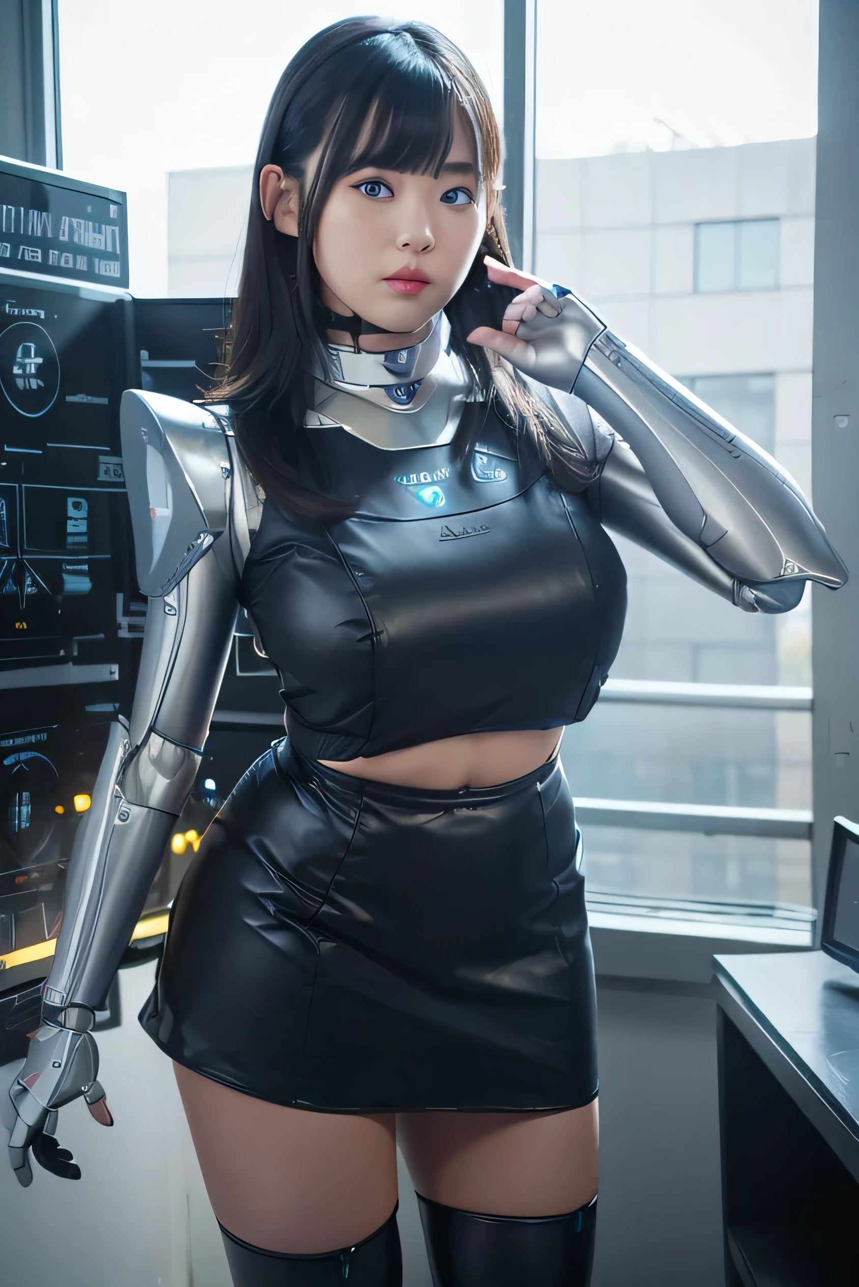 masutepiece, Best Quality, Extremely detailed,  8K portrait, Japaese Android Girl,Plump , announcer,control panels,android,Droid,Mechanical Hand, ,Robot arms and legs, Black Robot Parts,Black hair,Mechanical body,Blunt bangs,White Robotics Parts,perfect robot woman,Charging spot,Long Tube,A thick cable was connected to her neck,ceramic body ,Mechanical body, mechanical ear covers,android,robot humanoid,loose boots,dark black leggings,tight skirt,a bit chubby,panty,blue eyes,She is exhibits,She is exhibited on exhibition hall,