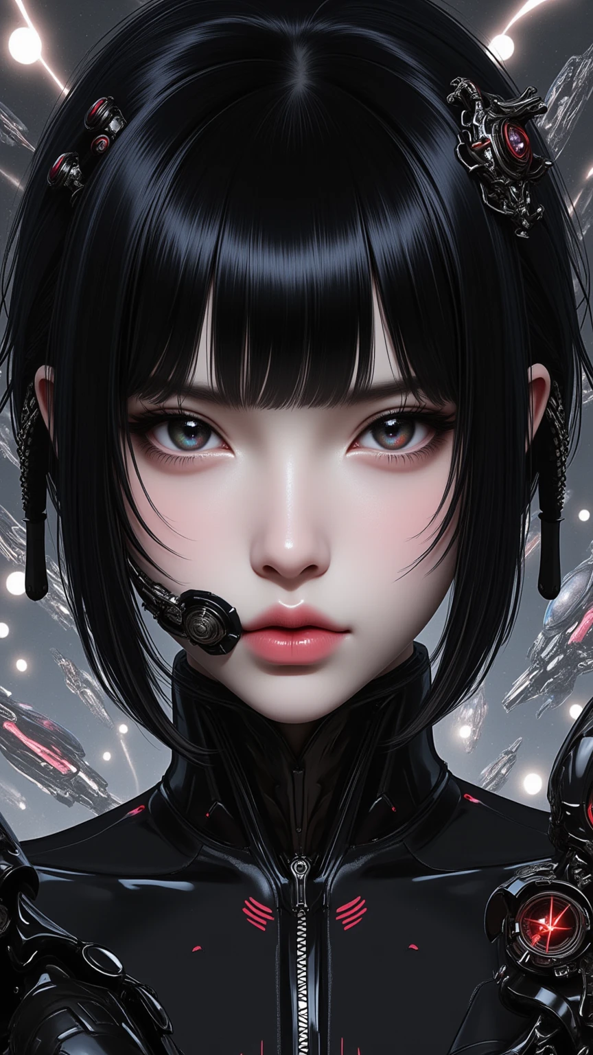 ((best quality)), ((masterpiece)), (detailed), perfect face of cyberpunk mecha japanese girl, young, pure, pale, face blush, shiny black eyes, shiny black body, shiny black hair, ((monochromatic black color palette)), surreal, art nouveau, in the illustrative style of moebius, spaceships, aliens, fantasy, sci-fi, graphic novel, line drawing, french retro, bizarre, gallery worthy, work of uncanny art, goth_punk, Harajuku, bokeh dof, Neon light, Iridescent eyes, Black shimmering hair, Black eyebrows, Radiant hair, blunt bangs, Red Eyes, Mouth mask, hair adornments, Look at viewers, shorth hair, portraitures, side locks
