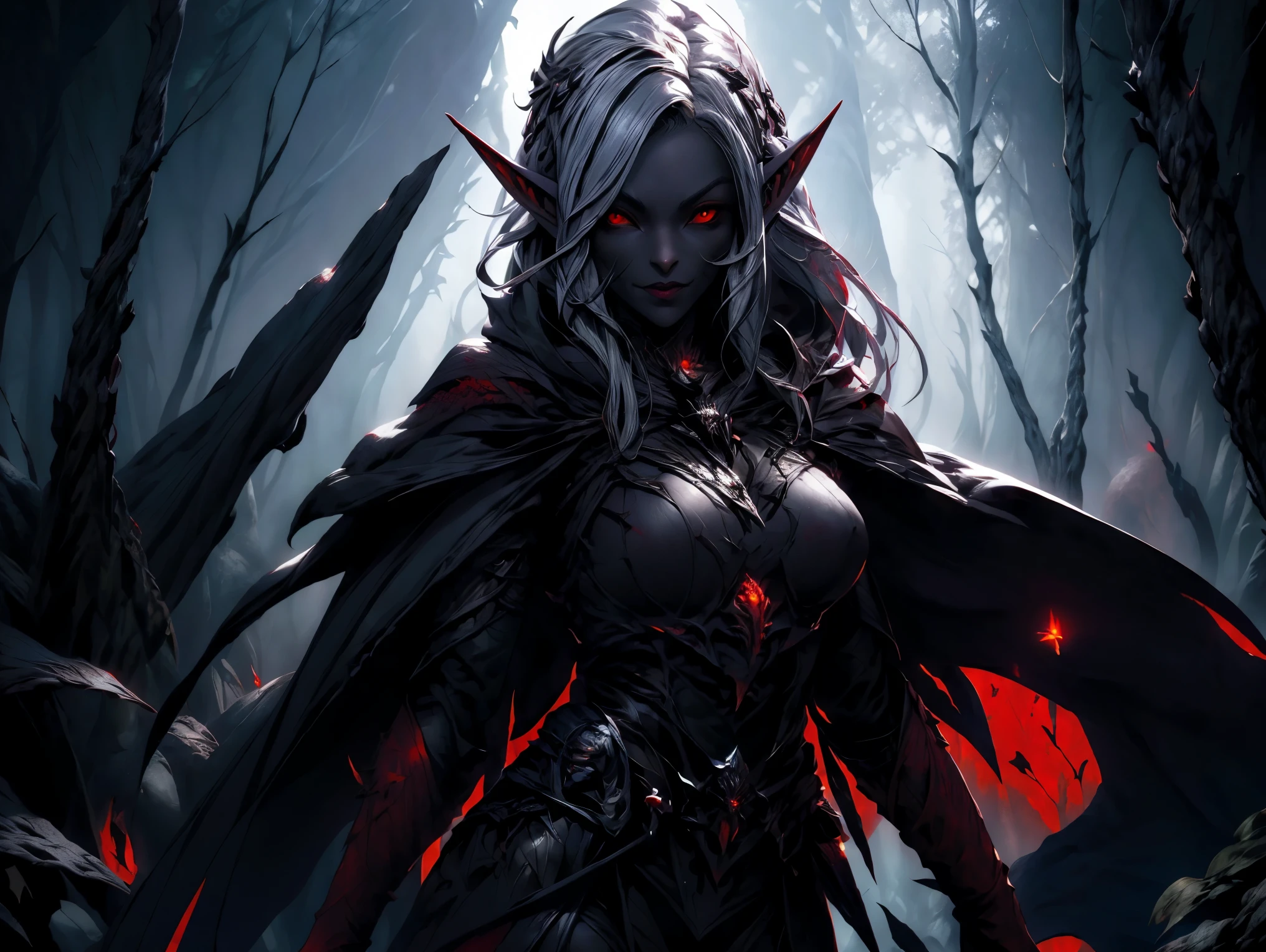 (Masterpiece, highest quality, Best Quality, Beautiful and aesthetic:1.2), upper body, Drow female with long hair, (pointy ears:1.4), hood up, (gray skin:1.3), (red eyes:1.4), (dark elf:1.5), wearing a hooded cape and belt, detailed armor with lava fire texture, looking at the viewer, bright glowing eyes, lipstick, perfect anatomy, (dark forest background with large leaves:1.3), art by Greg Rutkowski, trending on Artstation, dynamic lighting