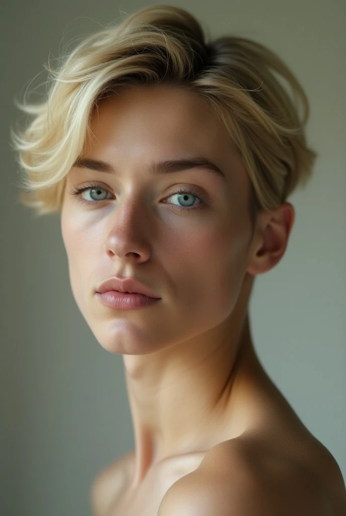 Medium close-up photo, attractive and stunning blonde girl(short and messy hair) Swedish 18 years old, detailed (wrinkles, blemishes! detailed bright eyes, thin nose, (looking at camera), specular lighting, DSLR, ultra quality, sharp focus, sharp, DOF, film grain, centered, Fujifilm XT3, crystalline