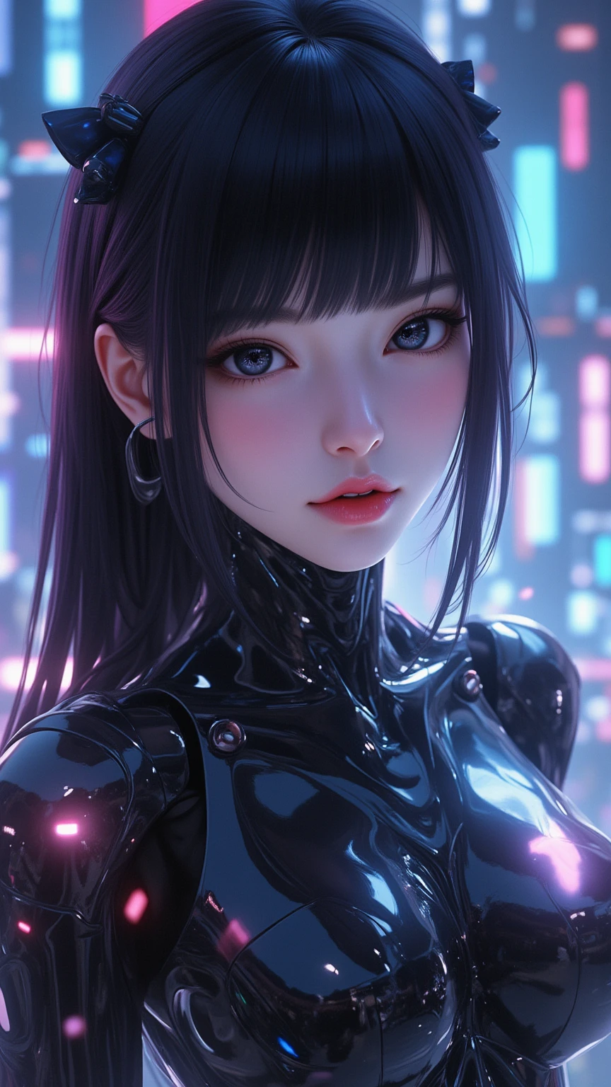 ((best quality)), ((masterpiece)), (detailed), perfect face of cyberpunk mecha japanese girl, young, pure, pale, face blush, shiny black eyes, shiny black body, shiny black hair, ((monochromatic black color palette)), surreal, art nouveau, in the illustrative style of moebius, spaceships, aliens, fantasy, sci-fi, graphic novel, line drawing, french retro, bizarre, gallery worthy, work of uncanny art, goth_punk, Harajuku, bokeh dof, Neon light, Iridescent eyes, Black shimmering hair, Black eyebrows, Radiant hair, blunt bangs, Red Eyes, hair adornments, Look at viewers, short hair, portraitures, side locks
