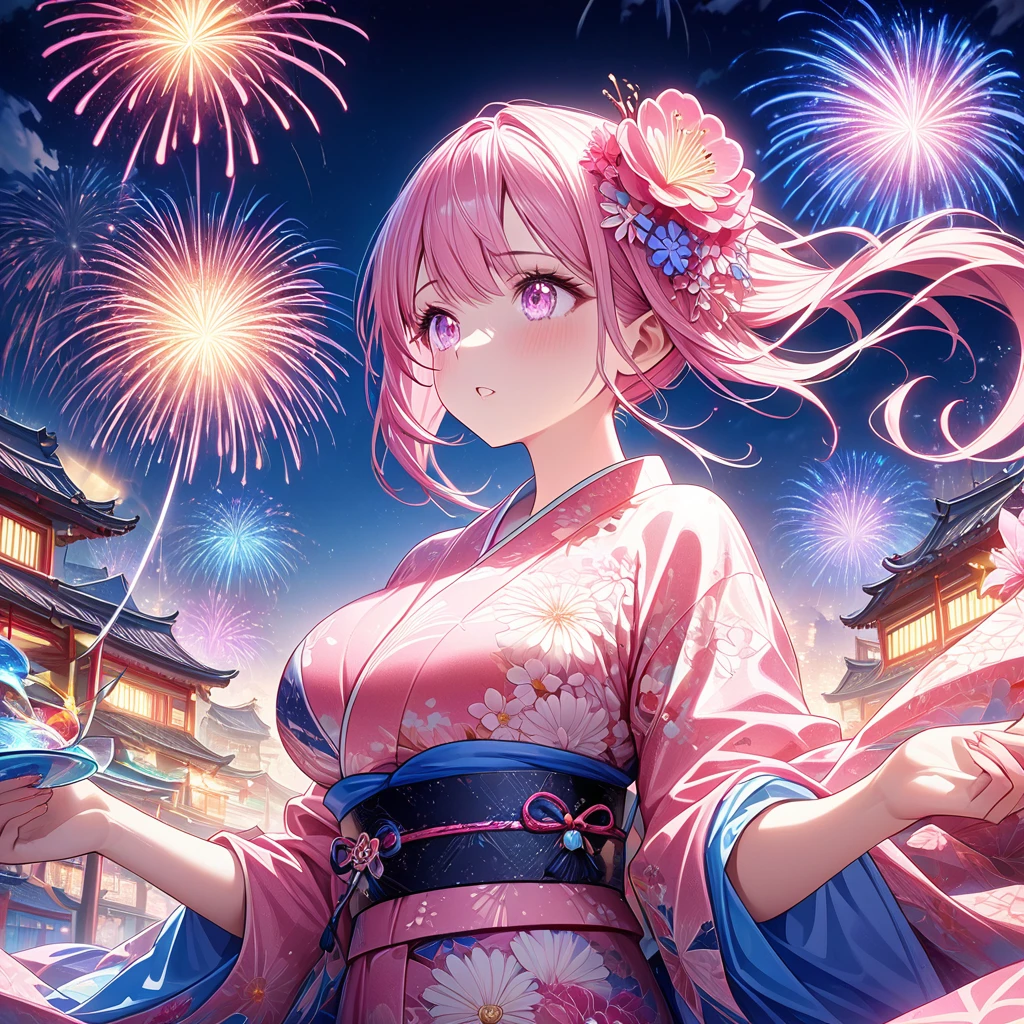 Masterpiece、Highest quality、Super detailed、1 girl、Light pink hair、Fluffy and soft long hair、Starry eyes、Big Tits、Cleavage、Too big breasts、yukata、Wide open chest、firework、Night Sky、smile、Lace cape、Earrings、garter belt、Belly button