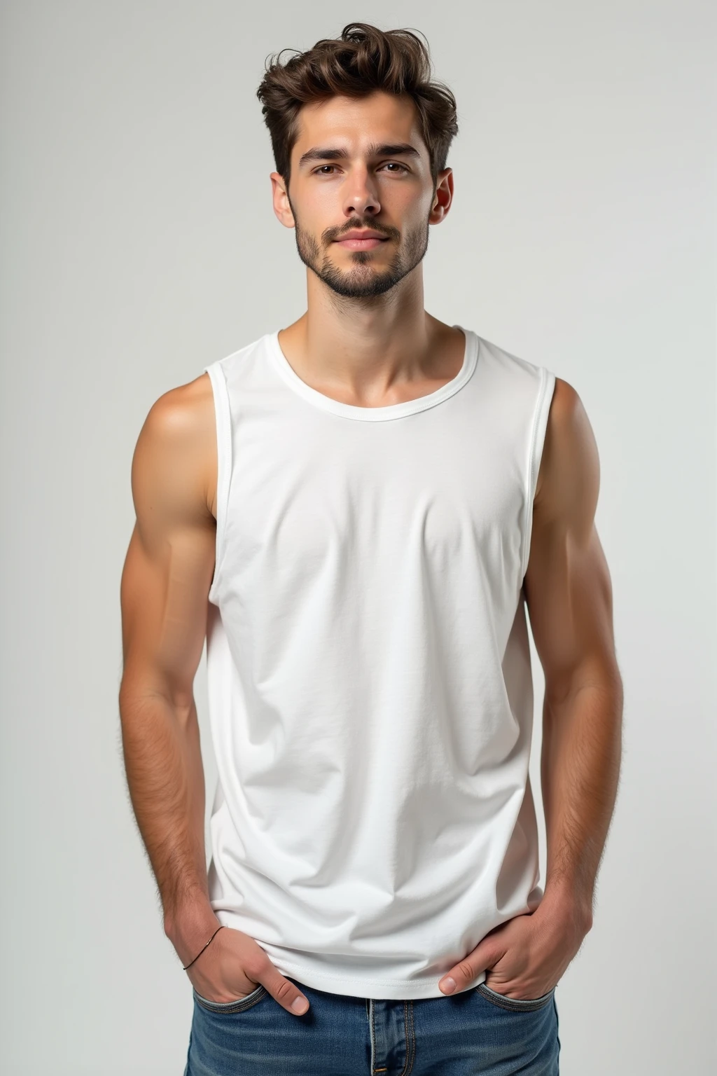 A male model,Standing in front of the camera,front,Wearing a white T-shirt,Realistic,Black studio background,