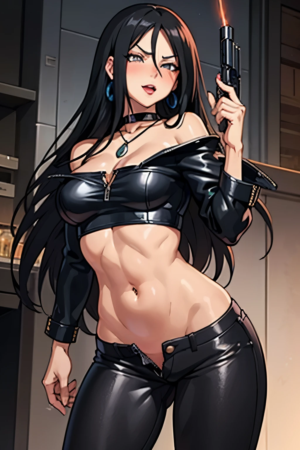 minazukikyouko, black hair,  necklace, earrings, large breasts, long hair,, blush, lipstick, Hot girl, baddie, staring, glaring, bad attitude, mean girl, crazy, smoking, sensual, attractive, bar background, inside bar, masterpiece, best quality, highly detailed, a girls with a gun, evil smile , open mouth, sexy gaze, badass
pose , evil smile, smile, (nsfw) not safe for work, guns blazing, anime girl with long hair, beautiful long
haired girl, navel, evil expression, exposed belly, exposed navel, exposed midriff, exposed lower belly,
long black pants, crop top, cleavage, unbuttoned leather pants ,open fly, low rise black leather pants,
leather jacket, holding a gun, holding pistol, navel piercing