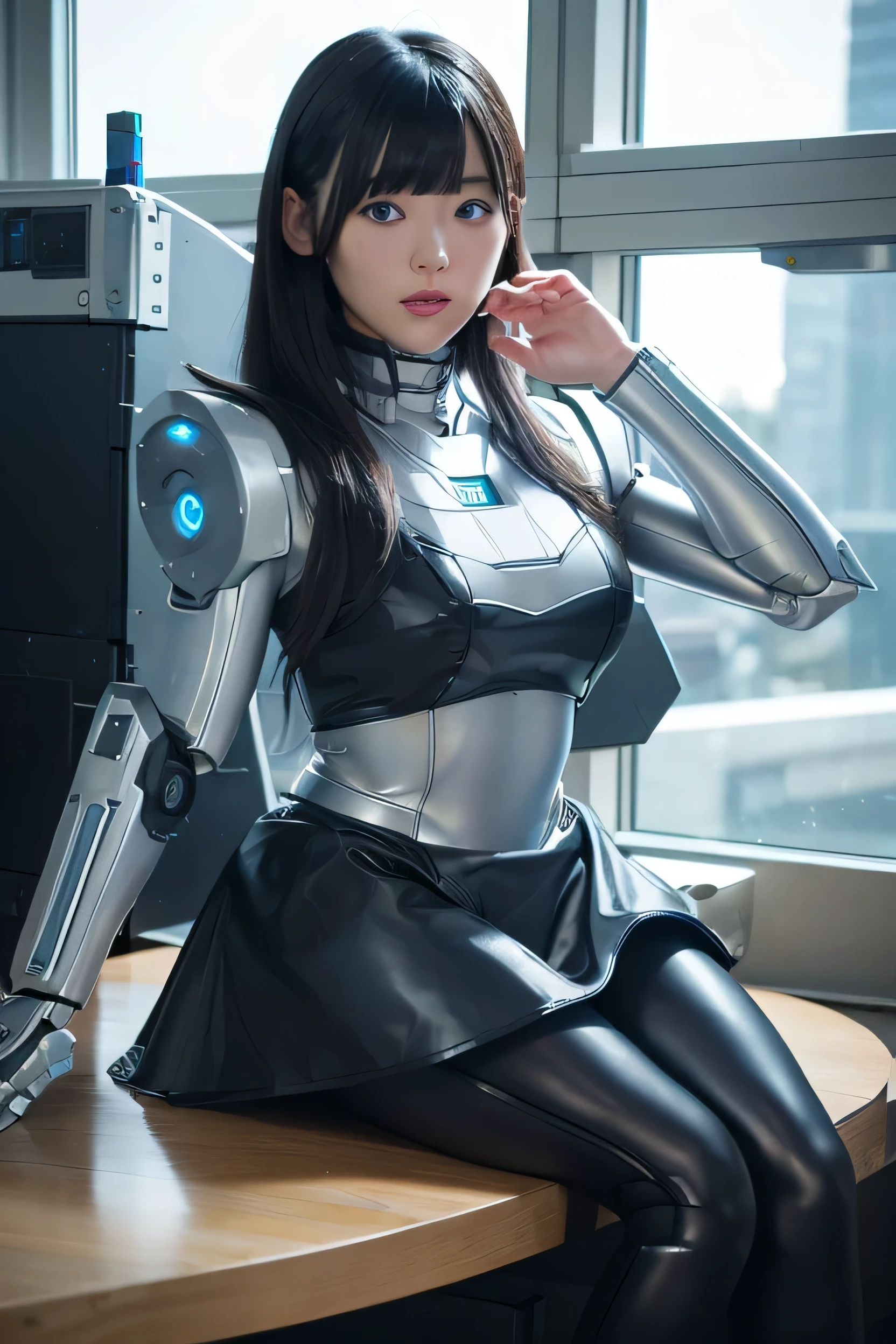 masterpiece, best quality, extremely detailed,8k portrait, Japanese android girl,Plump ,control panels,robot arms,robot,android,cyborg,white robot body,blunt bangs,robot repair plant,black knee high socks,blue eyes