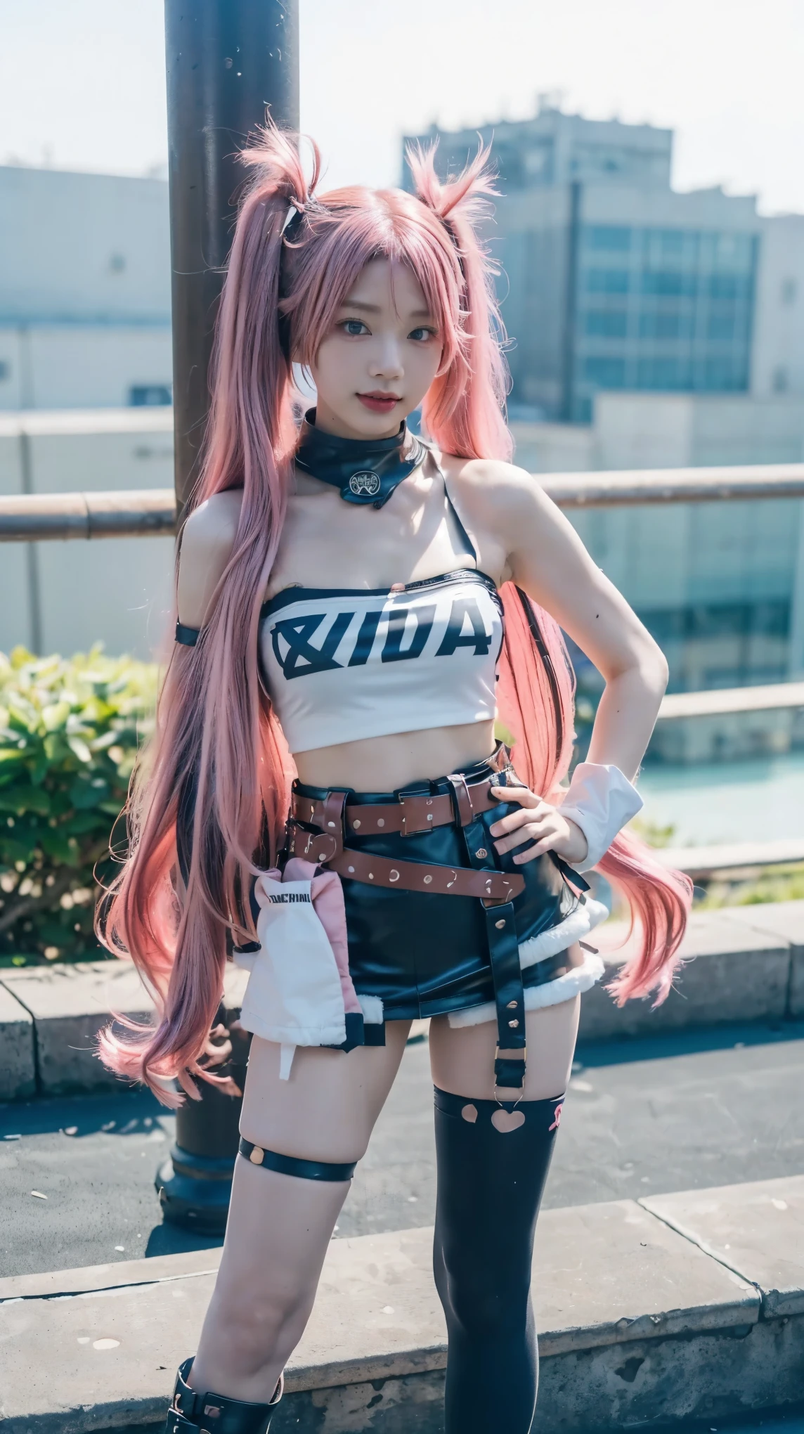 (8k、RAW Photos、Highest quality、masterpiece:1.2)、(Realistic、Realistic)、1 girl、((Pink Hair、Twin tails、mini skirt、Tube top、black、Thin legs、whole body、boots、one piece、tights、View from the front、Looking into the camera、belt、Stand with hands on hips))、cute