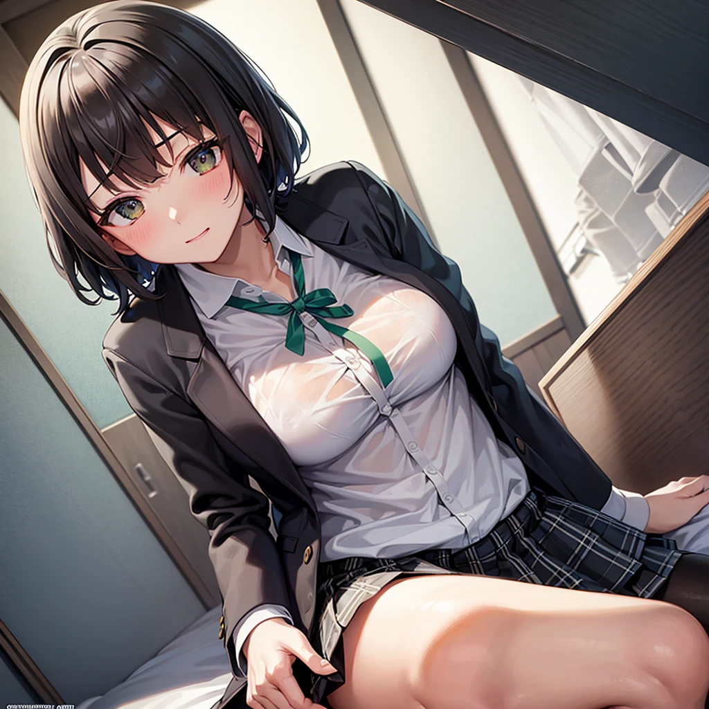 nsfw,hair dark brown 1;4,closed eyes,closed mouth,middle ,,{{high quality bra}},I&#39;m scared,Abandoned school building at night,Sitting on the ground,{{beautiful large and medium size breasts 1:4}}, {{schoolgirl}}, black pleated skirt, top quality, From Below, cute girl, High quality background, slanted eyes, detailed shirt chest wrinkles, {{{high school girl}}}, BREAK, {{beautiful blue eye1:4}}, BREAK, five fingers