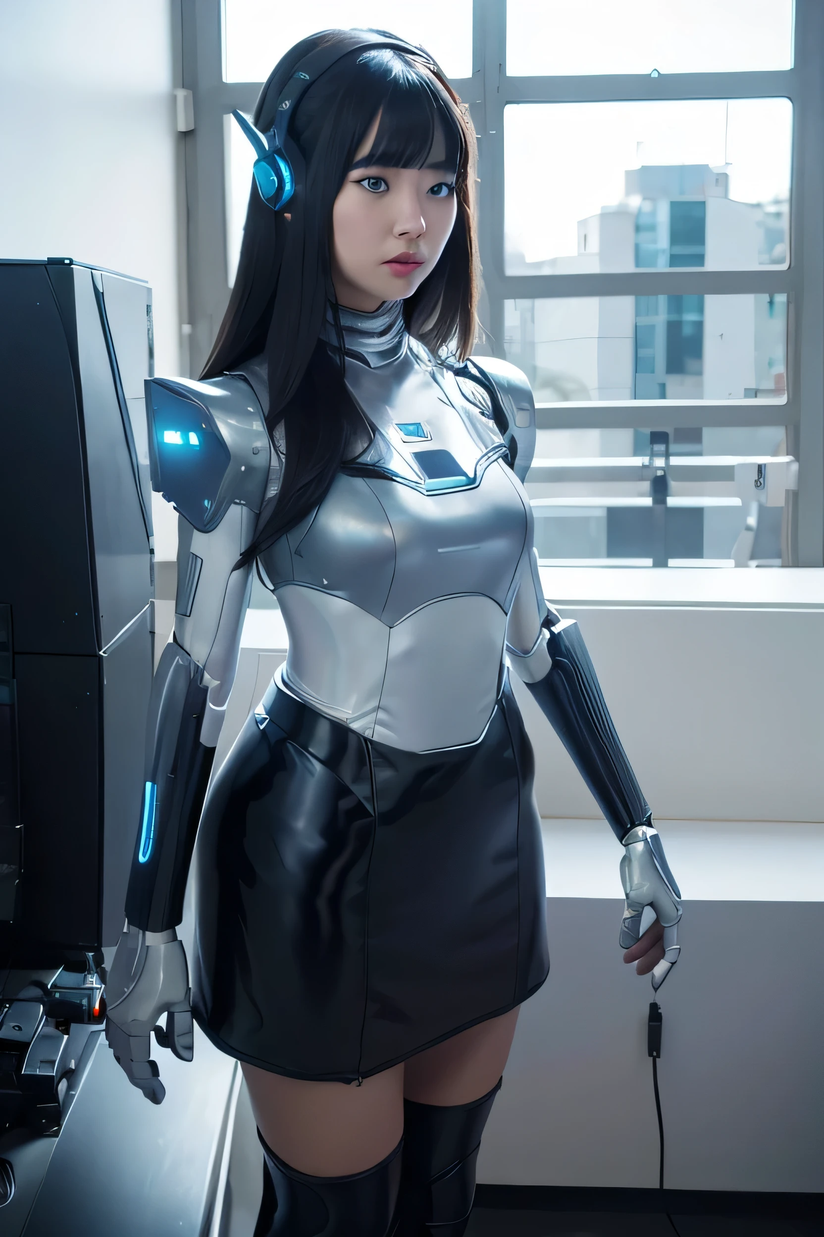 masutepiece, Best Quality, Extremely detailed,  8K portrait, Japaese Android Girl,Plump , announcer,control panels,android,Droid,Mechanical Hand, ,Robot arms and legs, Black Robot Parts,Black hair,Mechanical body,Blunt bangs,White Robotics Parts,perfect robot woman,Charging spot,Long Tube,A thick cable was connected to her neck,ceramic body ,Mechanical body, mechanical ear covers,android,robot humanoid,loose boots,dark black leggings,tight skirt,a bit chubby,panty,blue eyes,She is exhibits,She is exhibited on exhibition hall,