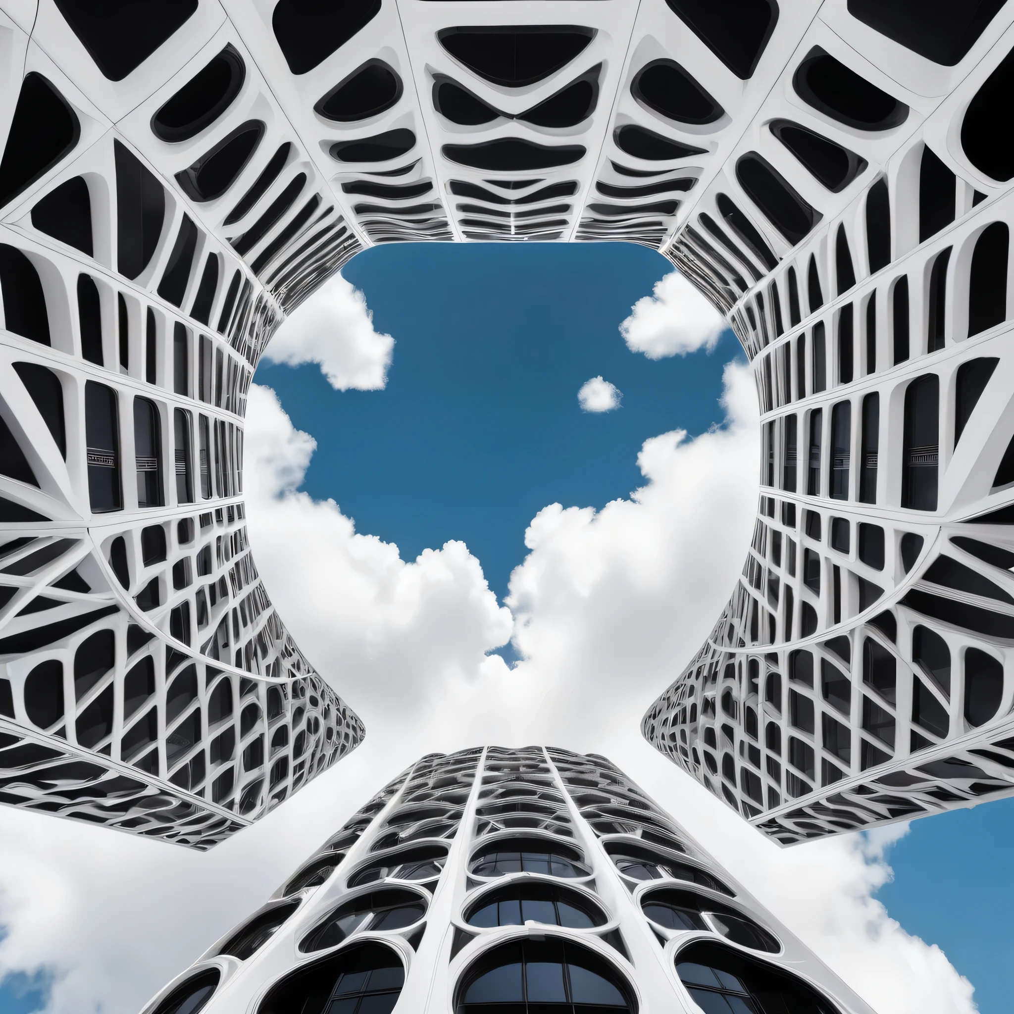 A vast dream like sky with mindboggling illusory structures. Primarily white and black.