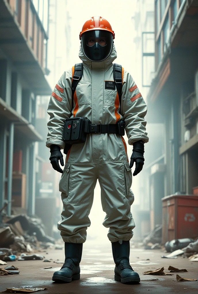 person in biological protection suit exploring a dystopian wasteland, intricate, clutter, detailed