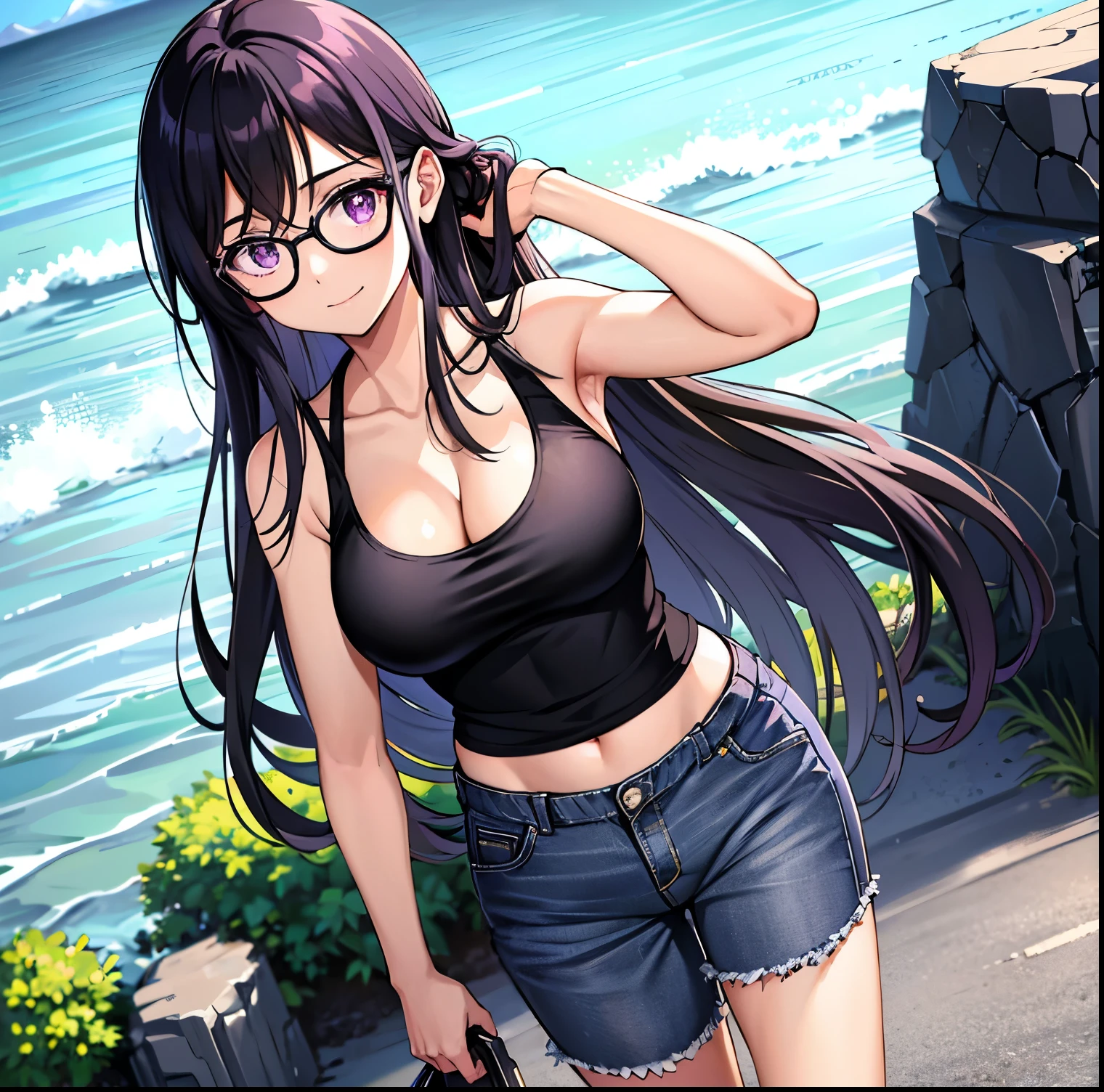 1girl,alone, hizuru minakata, long hair, black hair, black glasses, purple eyes, smiling, seductive, night, outdoors, beach, black tank top, cleavage, tight blue jeans, big breasts, medium waist, medium hips , wide thighs, looking at viewer, pov (from below), standing,