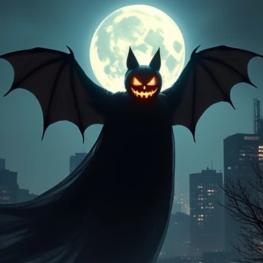 a multi layer photorealistic images of dark city scrapers in the dark moon, an image of terrifying gigantic Bat with Jack o'lantern head  in long black cloak flowing floating in the  the air