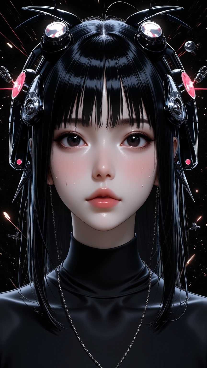 ((best quality)), ((masterpiece)), (detailed), perfect face of cyberpunk mecha japanese girl, young, pure, pale, face blush, shiny black eyes, shiny black body, shiny black hair, ((monochromatic black color palette)), surreal, art nouveau, in the illustrative style of moebius, spaceships, aliens, fantasy, sci-fi, graphic novel, line drawing, french retro, bizarre, gallery worthy, work of uncanny art, goth_punk, Neon light, Iridescent eyes, Black shimmering hair, Black eyebrows, Radiant hair, blunt bangs, Red Eyes, hair adornments, Look at viewers, short hair, side locks
