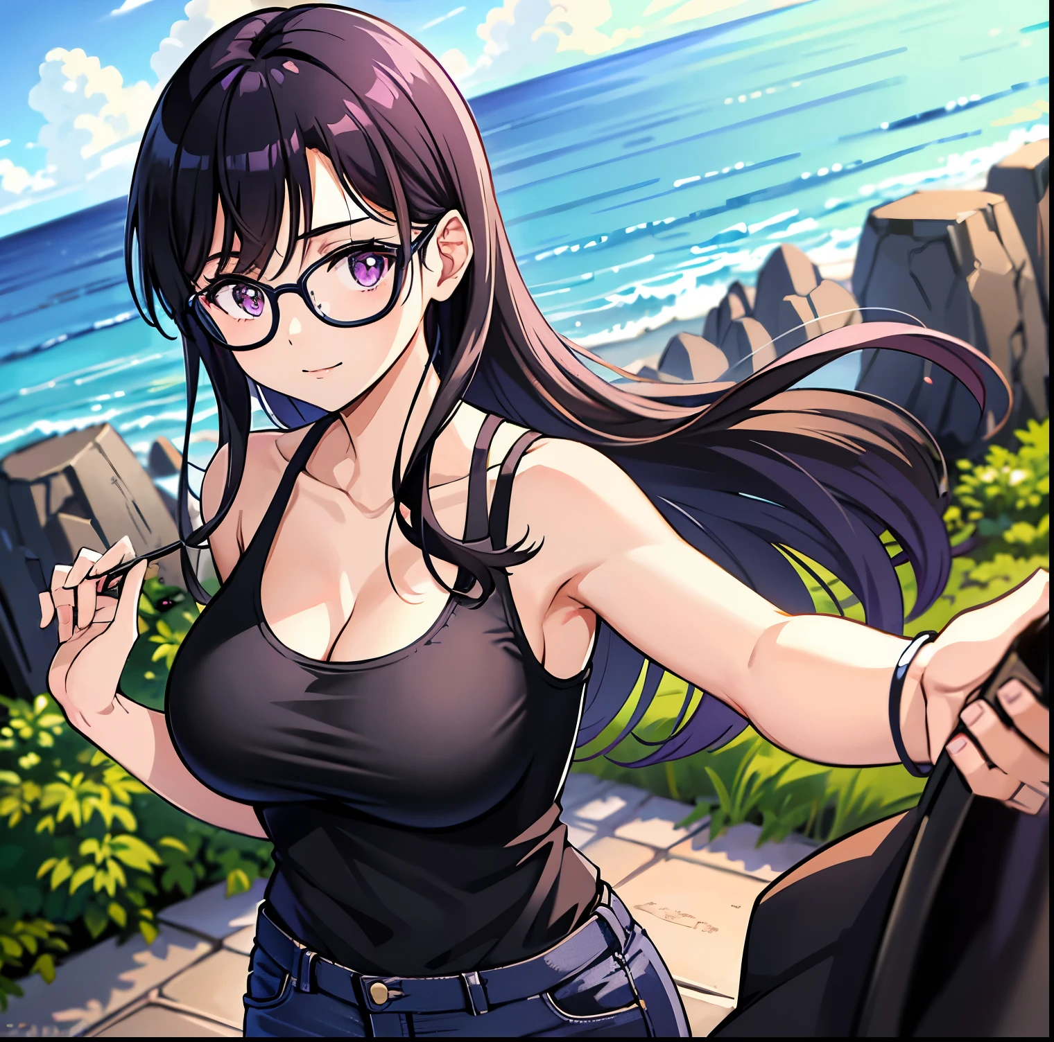 1girl,alone, hizuru minakata, long hair, black hair, black glasses, purple eyes, smiling, seductive, night, outdoors, beach, black tank top, cleavage, tight blue jeans, big breasts, medium waist, medium hips , wide thighs, looking at viewer, pov (from below), standing,