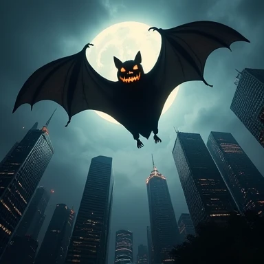 a multi layer photorealistic images of dark city scrapers in the dark moon, an image of terrifying gigantic Bat with Jack o'lantern head floating in the  the air