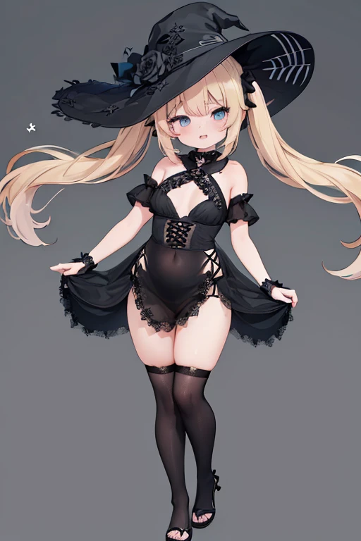 ((4K, masterpiece, Highest quality)),1 girl,witch,light blondehair,long twintails,Blue eyes,(plump thighs),chubby,((chibi,****)),(dynamic pose,Fighting,full body:1.3),half-closed eyes, wearing a smug expression, open mouth, grin smug,(side slit:1.5),(see-through:1.3,fine lace),(all black costume with black embroidery:1.4),big hair ornament,(lace stockings,lace glove:1.2),👠,Clothes fluttering in the wind,(tight fitting:1.3),sleek and minimalist one-piece with a square neckline and a low back for a sophisticated style