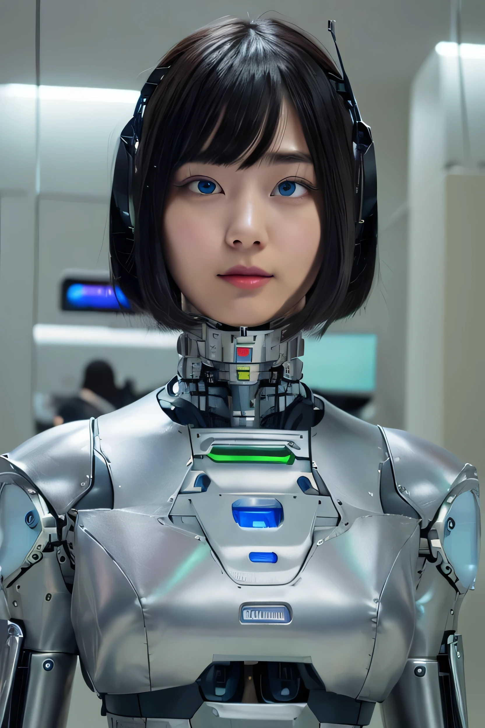 masterpiece, best quality, extremely detailed,  Japaese android girl,Plump , control panels,android,Droid,Mechanical Hand, Robot arms and legs, Black Robot Parts,Black hair,Mechanical body,Blunt bangs,White robotics parts,perfect robot girl,future information counter,reception,long tube,thick cable connected her neck,ceramic body ,mechanical body,mechanical costume,android,robot,humanoid,cyborg,information office,japanese android receptionist ,mechanical chest,blue eyes,office-lady